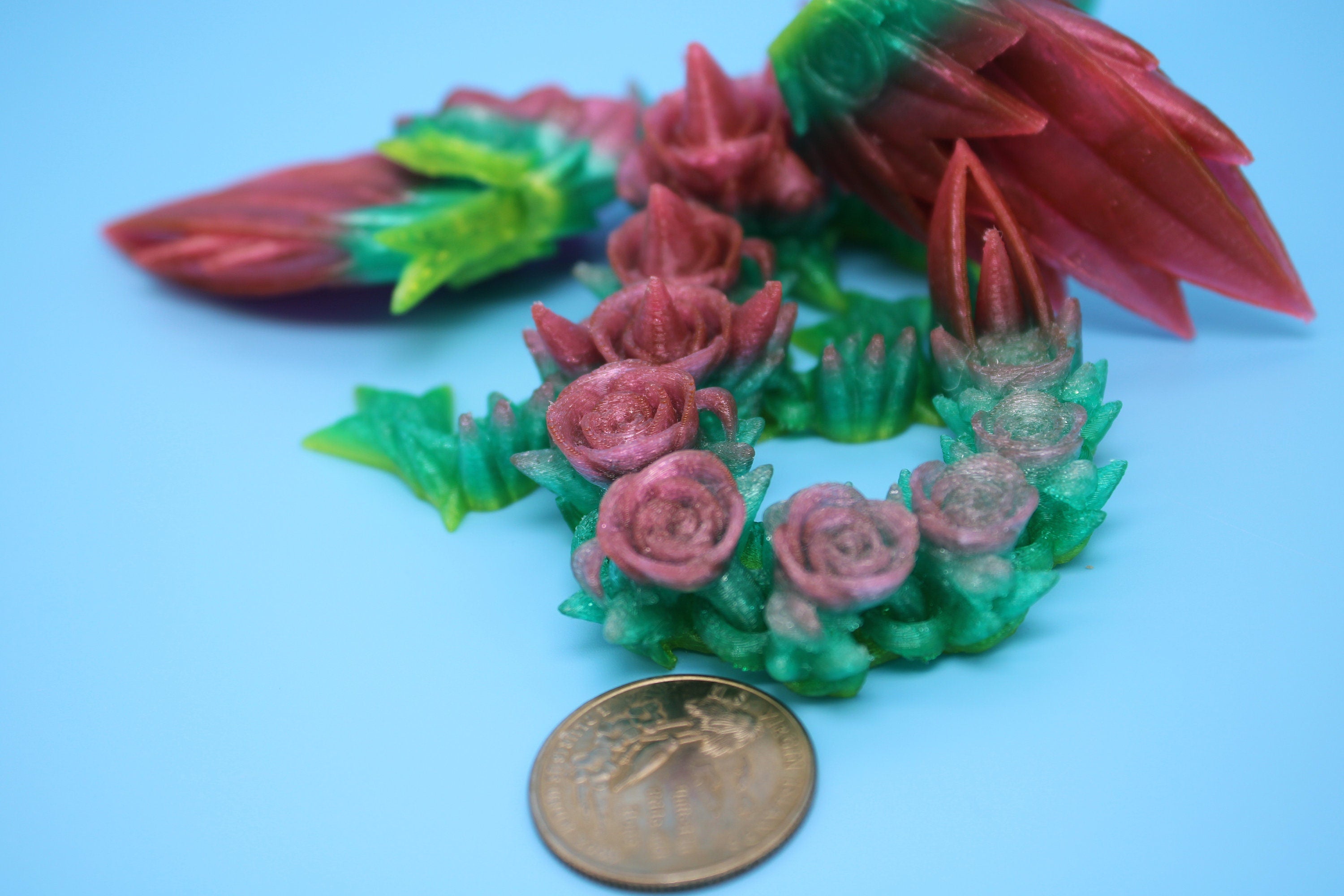 Flexible Miniature Baby Rose Wing Dragon | Rainbow | 3D printed articulating Toy Fidget | Flexi Toy 8.5 in. head to tail | Stress Relief.