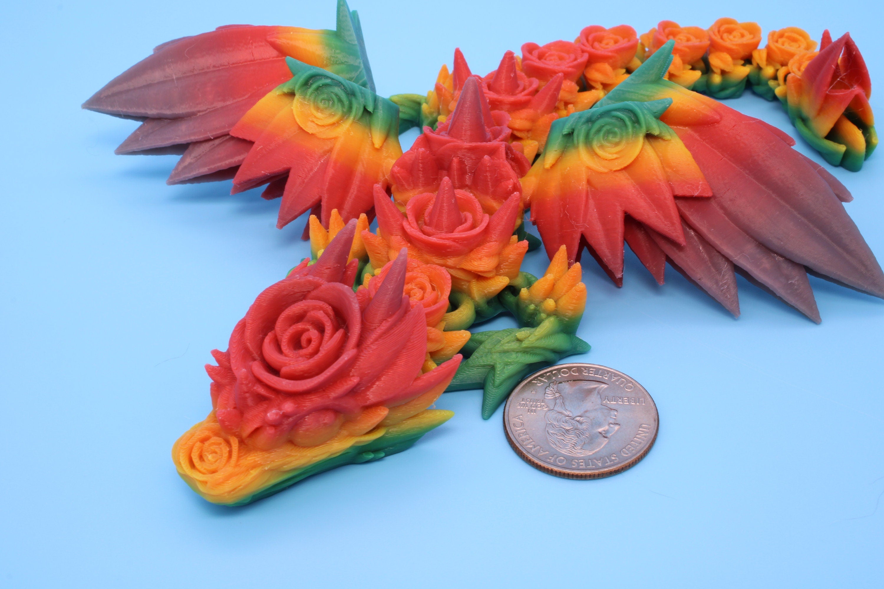 Miniature Baby Rose Wing Dragon | Rainbow | 3D printed articulating Toy Fidget | Flexi Toy 8.5 in. head to tail | Stress Relief Gift