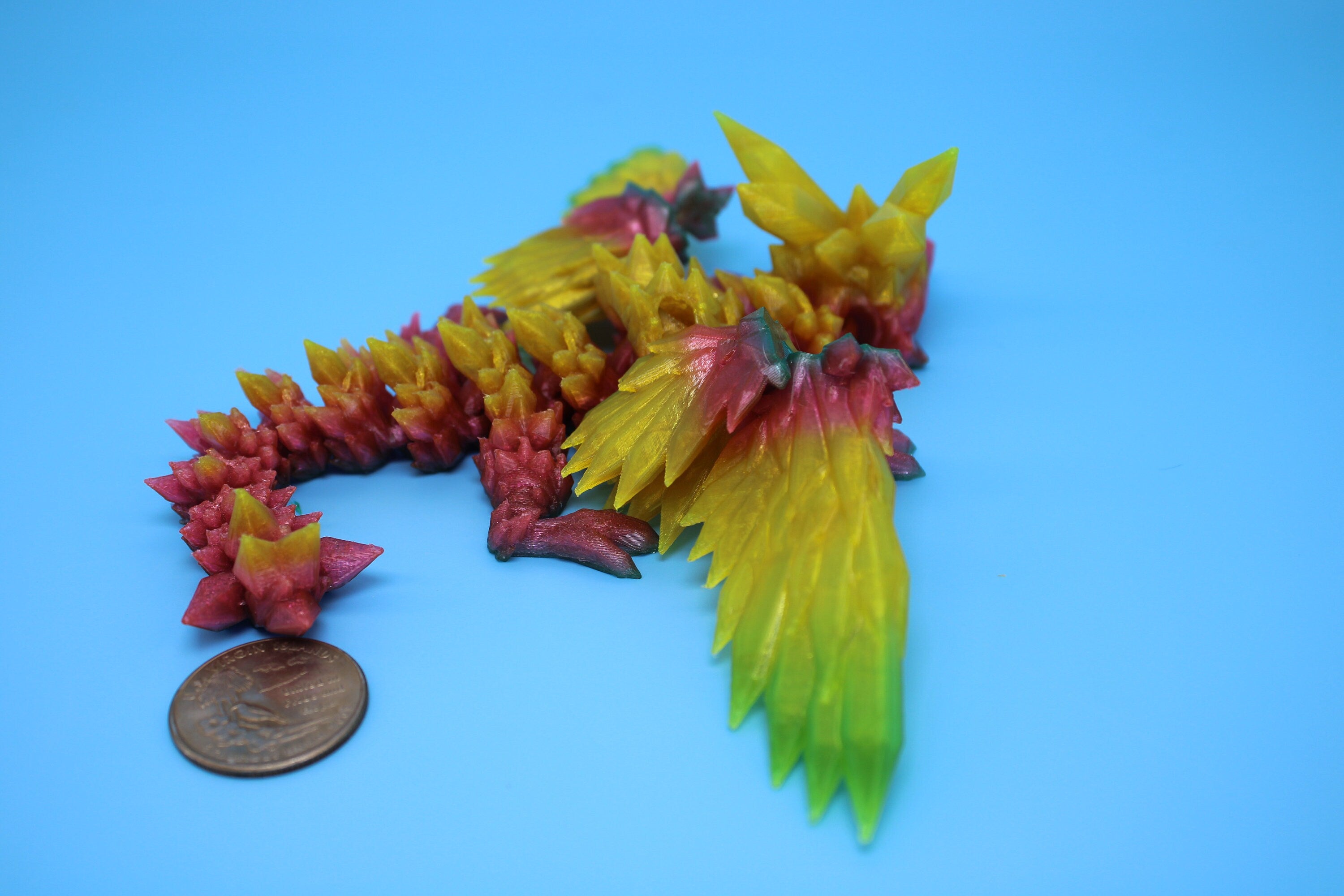 Flexible Miniature Baby Crystal Winged Dragon | Rainbow | 3D Printed Articulating Toy Fidget | Flexi Toy 7 in. head to tail | Stress Relief