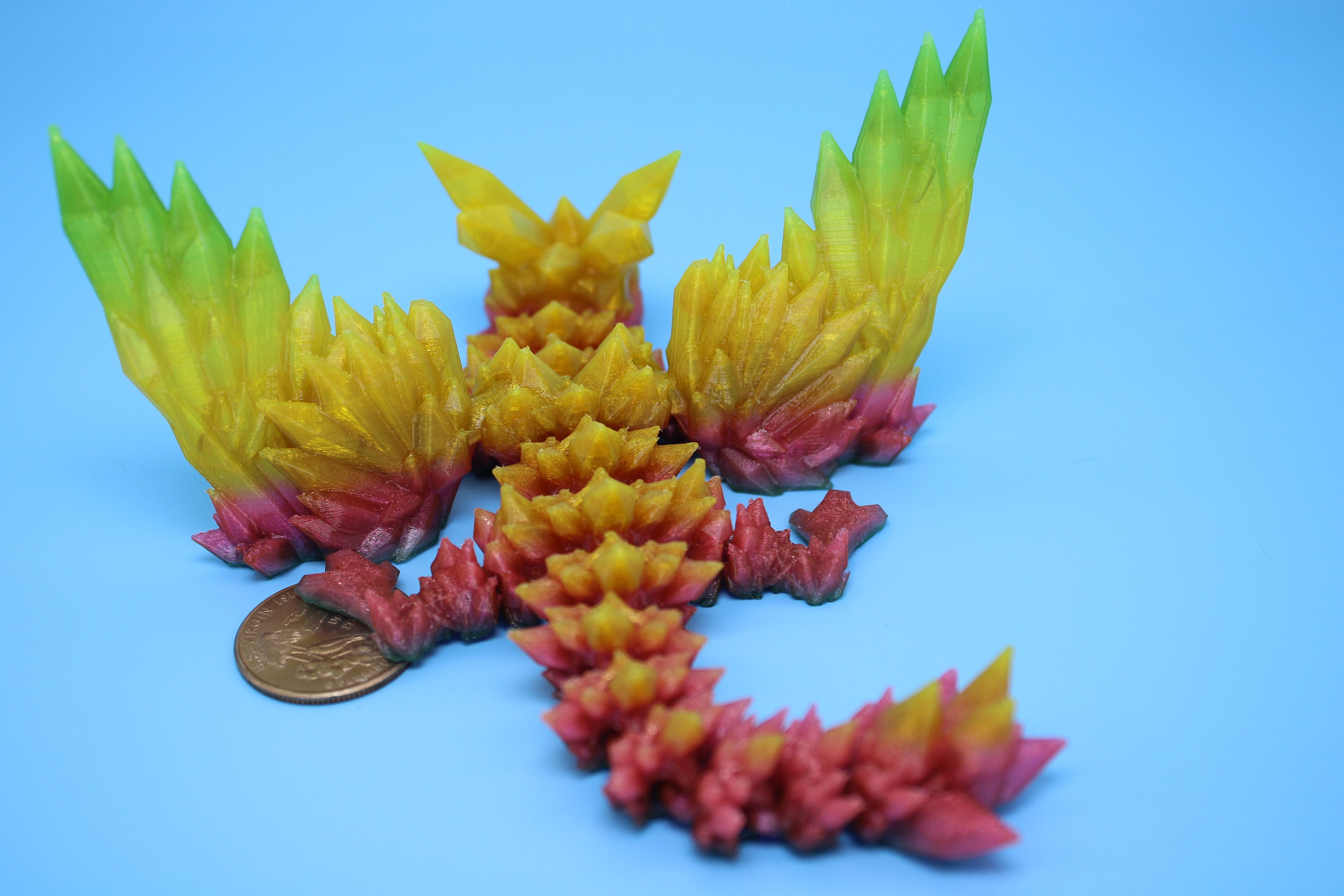 Flexible Miniature Baby Crystal Winged Dragon | Rainbow | 3D Printed Articulating Toy Fidget | Flexi Toy 7 in. head to tail | Stress Relief