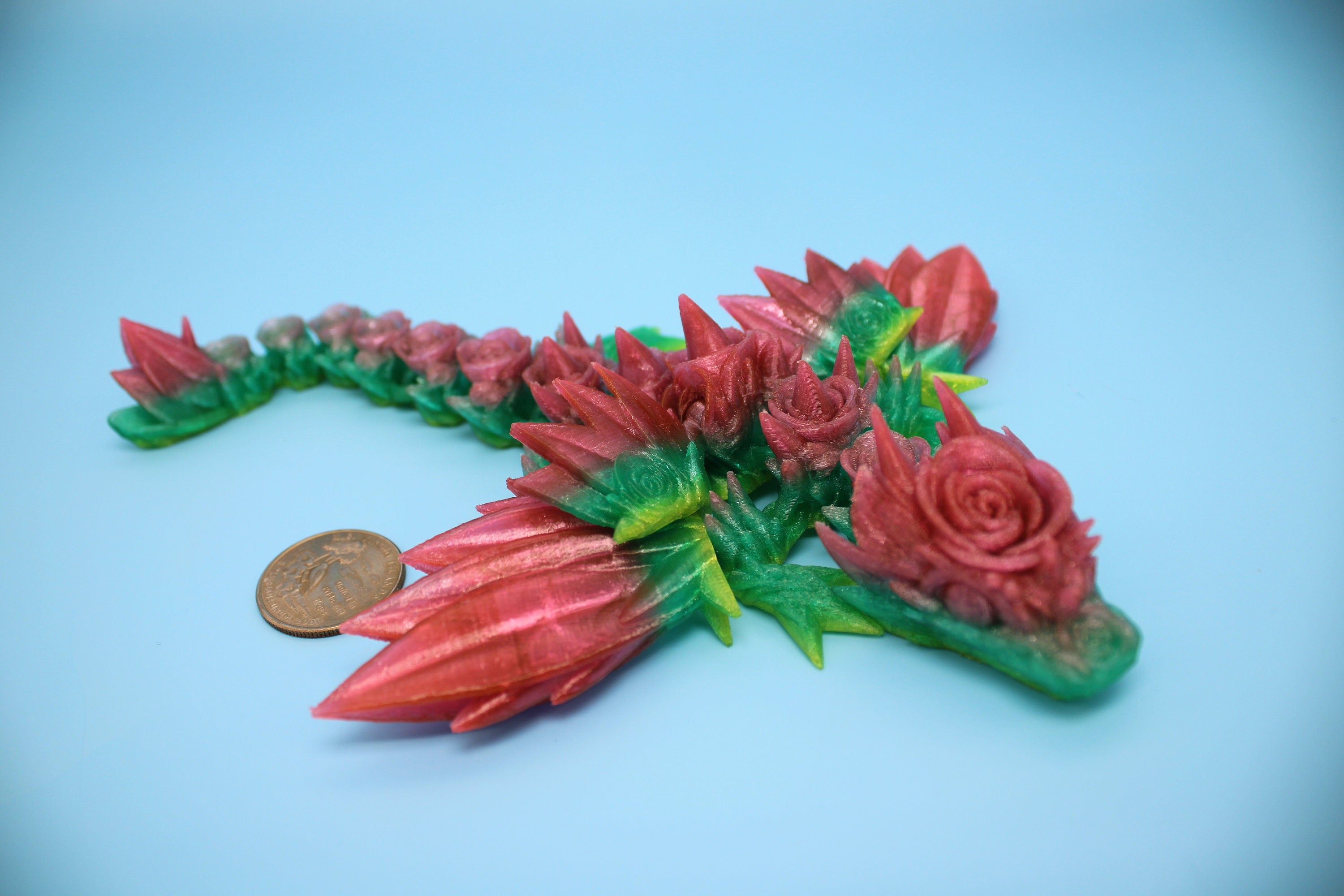 Flexible Miniature Baby Rose Wing Dragon | Rainbow | 3D printed articulating Toy Fidget | Flexi Toy 8.5 in. head to tail | Stress Relief.