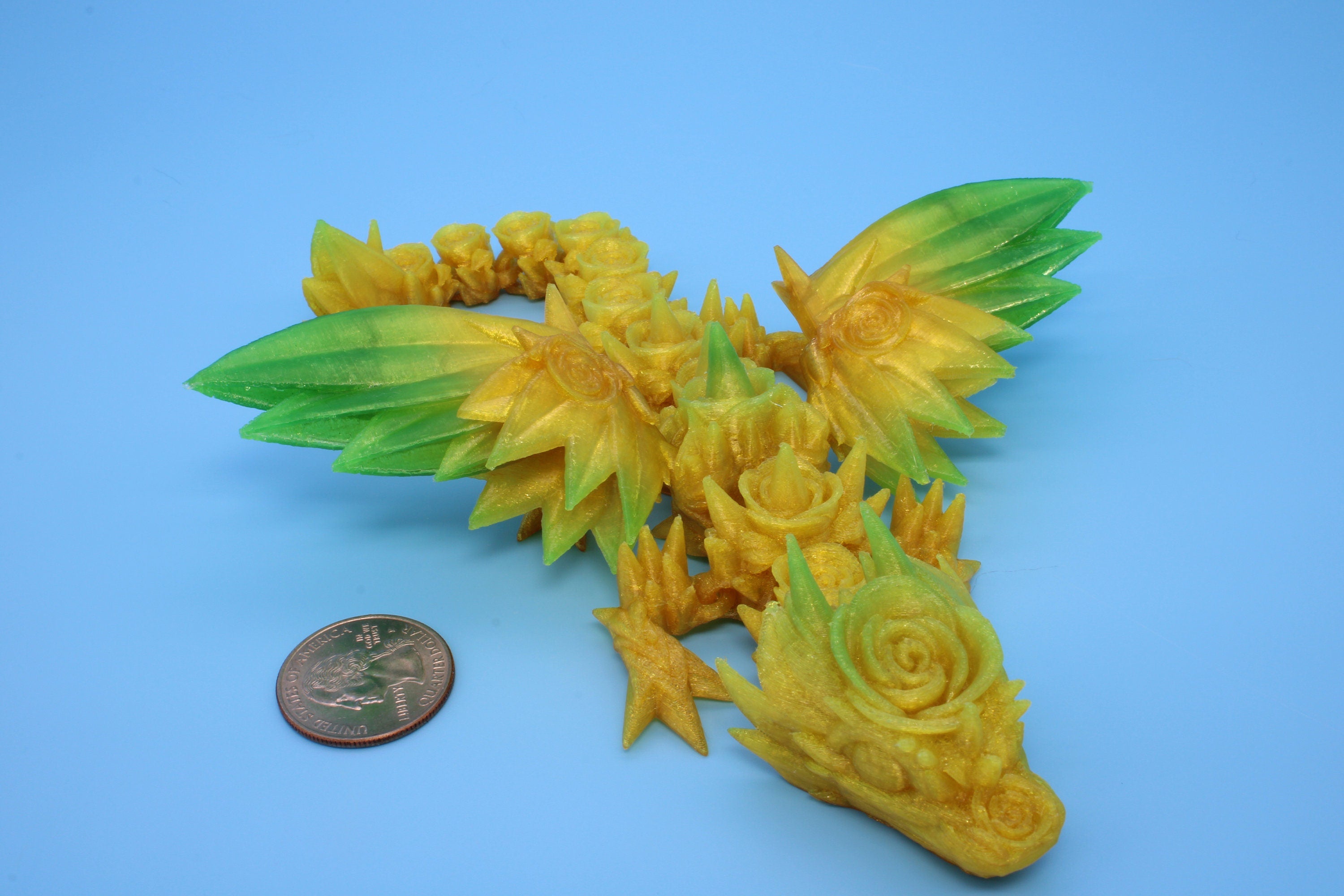 Flexible Miniature Baby Rose Wing Dragon | Rainbow | 3D printed articulating Toy Fidget | Flexi Toy 8.5 in. head to tail | Stress Relief.