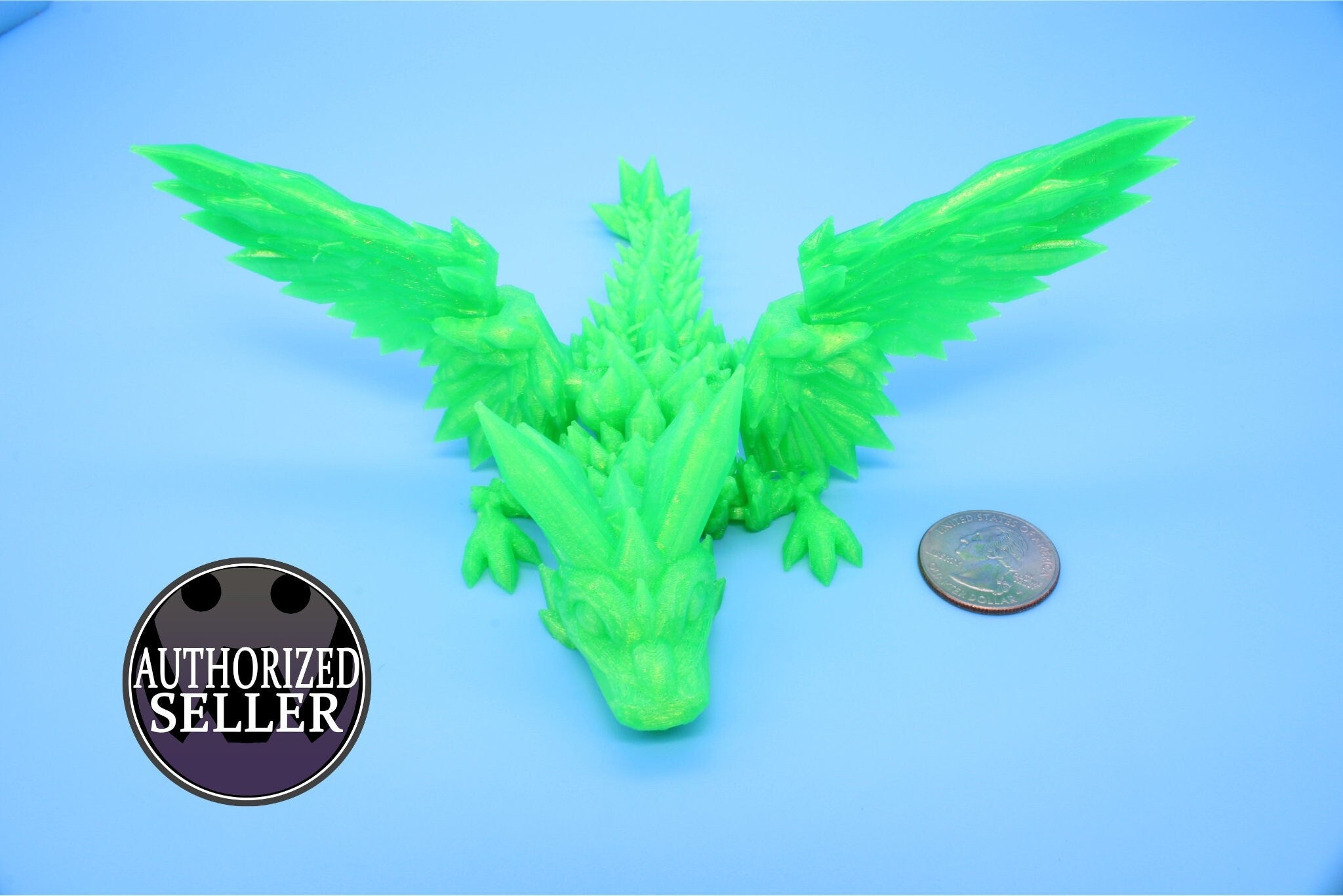 Baby Crystal Wing Dragon- Green | Miniature | 3D printed | Dragon Fidget | Flexi Toy | 7 in. | Pet Dragon.