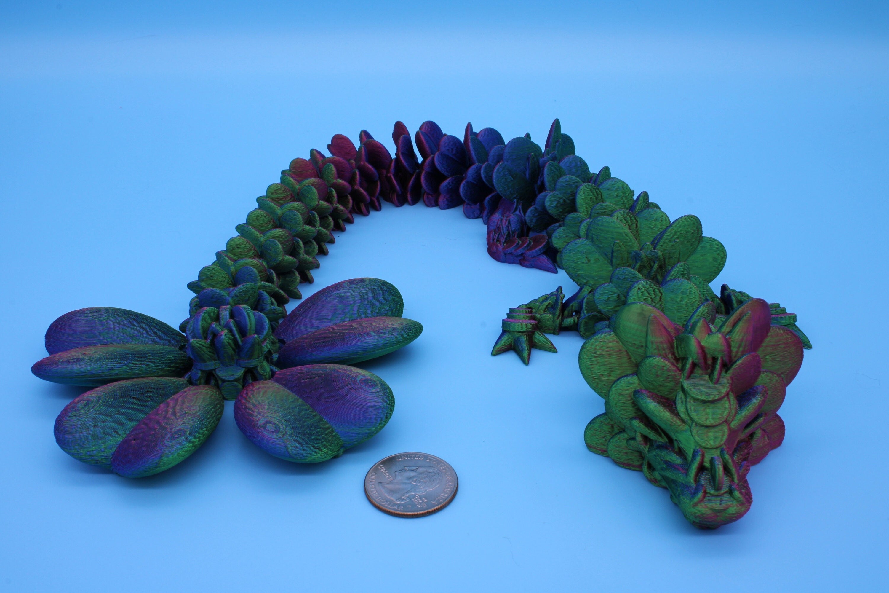 Clover Dragon | Rainbow | 3D printed Articulating Dragon Fidget Toy | Flexi | 18 in. Lucky Dragon | Four Leaf Clover Dragon.