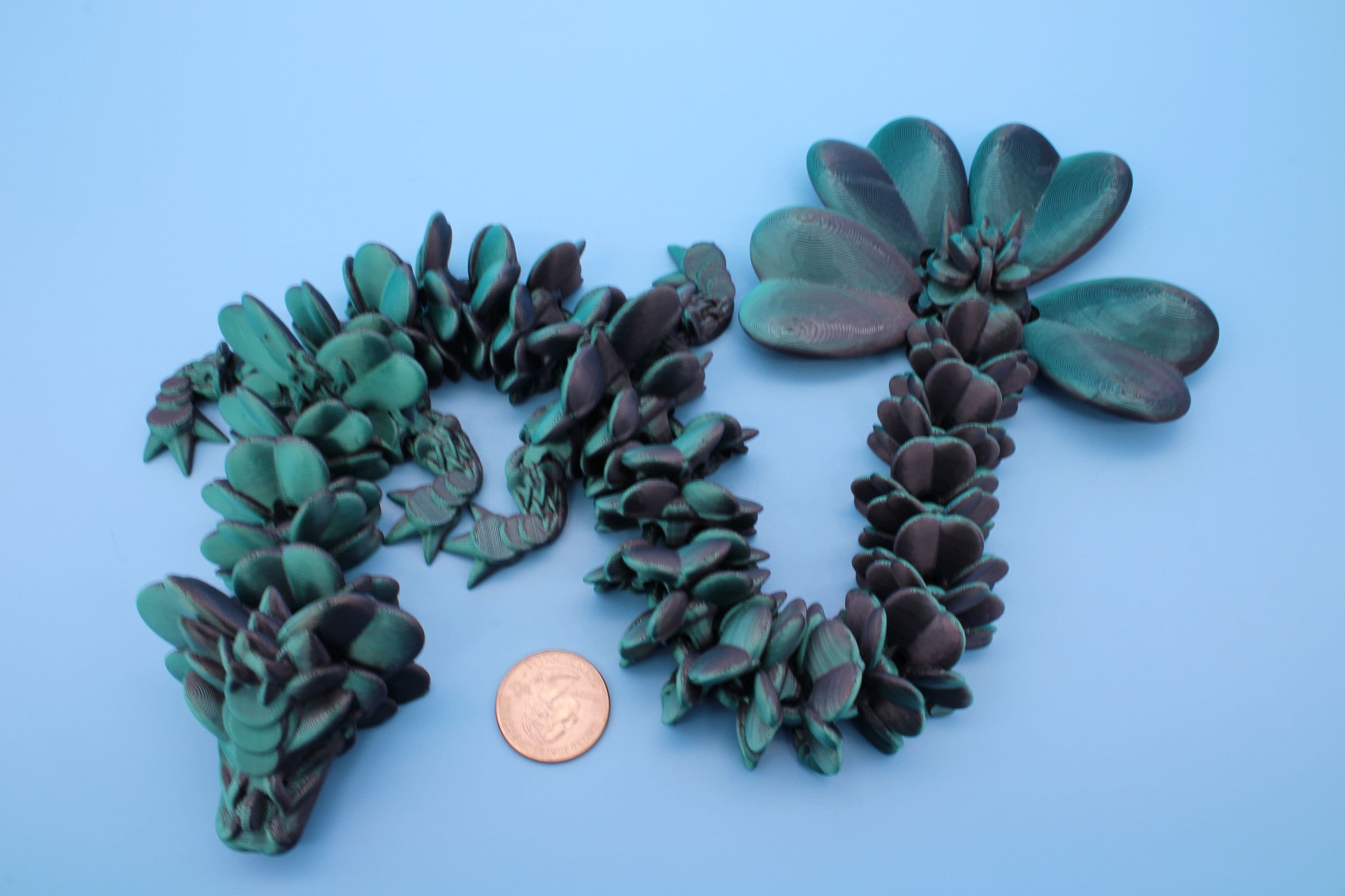 Clover Dragon | Green & Black | St. Patrick's Day |3D printed Articulating Dragon Fidget Toy | Flexi | 18 in. Lucky Dragon | 4 Leaf Clover
