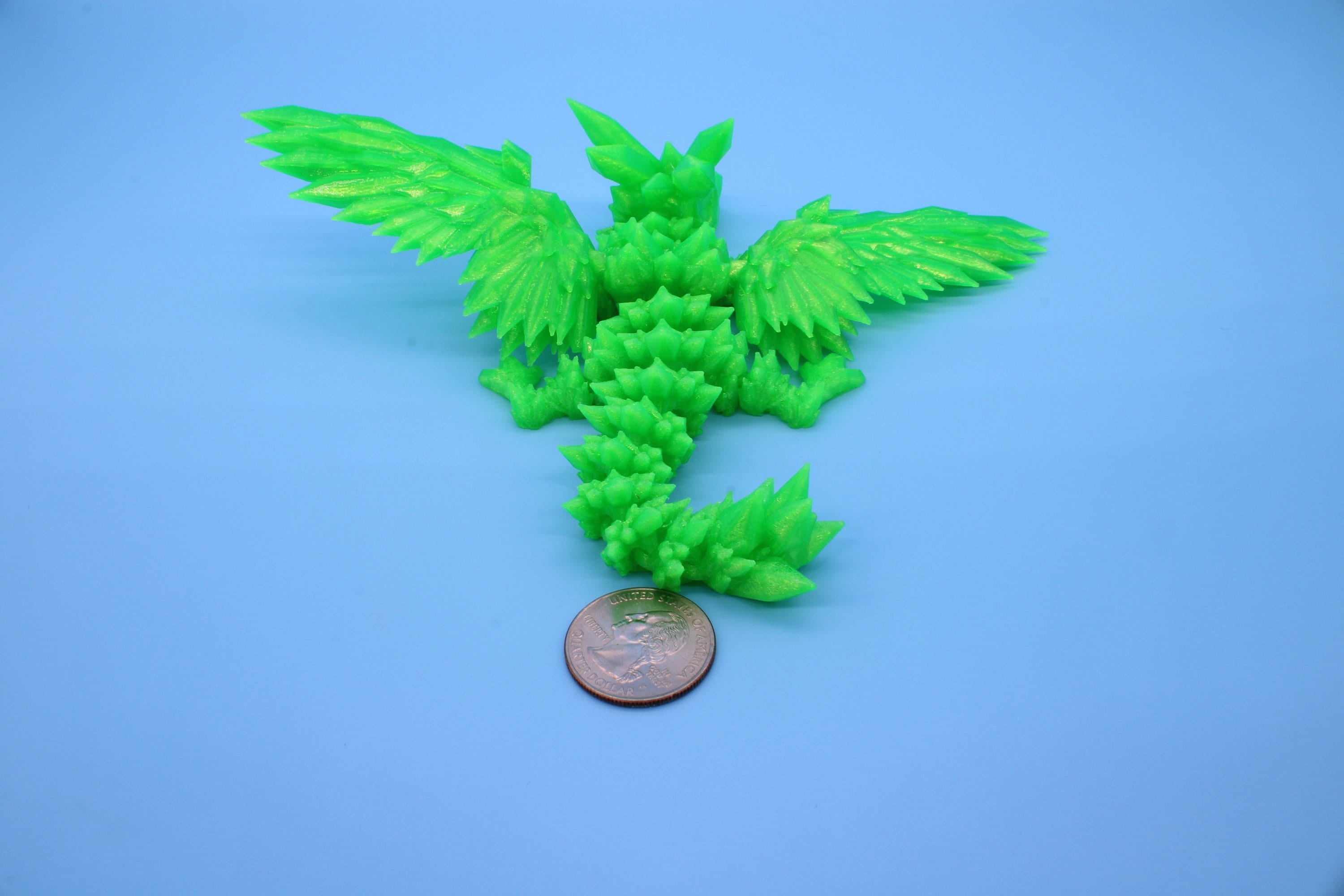 Baby Crystal Wing Dragon- Green | Miniature | 3D printed | Dragon Fidget | Flexi Toy | 7 in. | Pet Dragon.