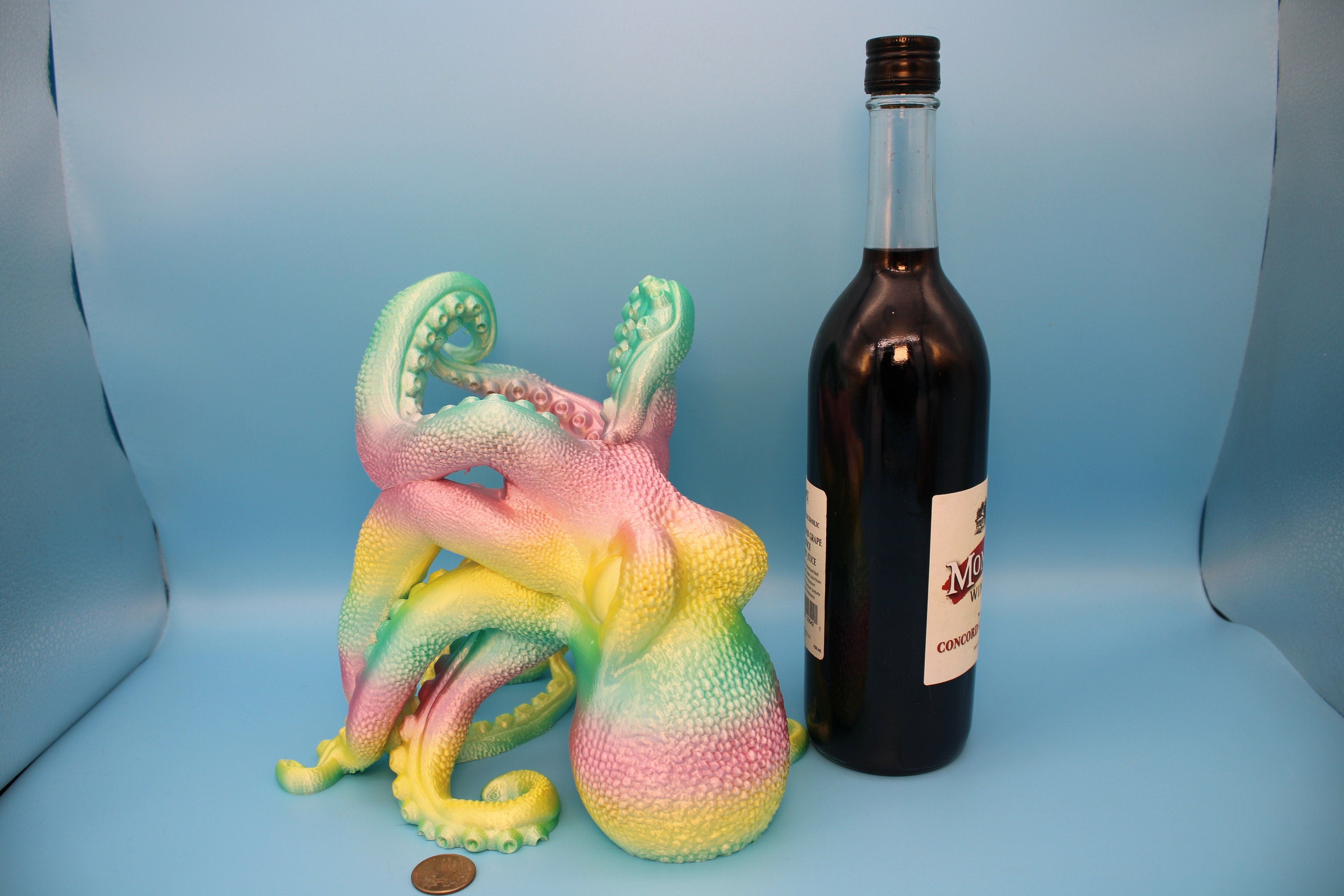 Rainbow Cute Octopus | Wine Bottle Holder | Bottle Display | 3D Printed Art | Holds Wine Bottles 750ml. standard size 9.5 in. circumference.