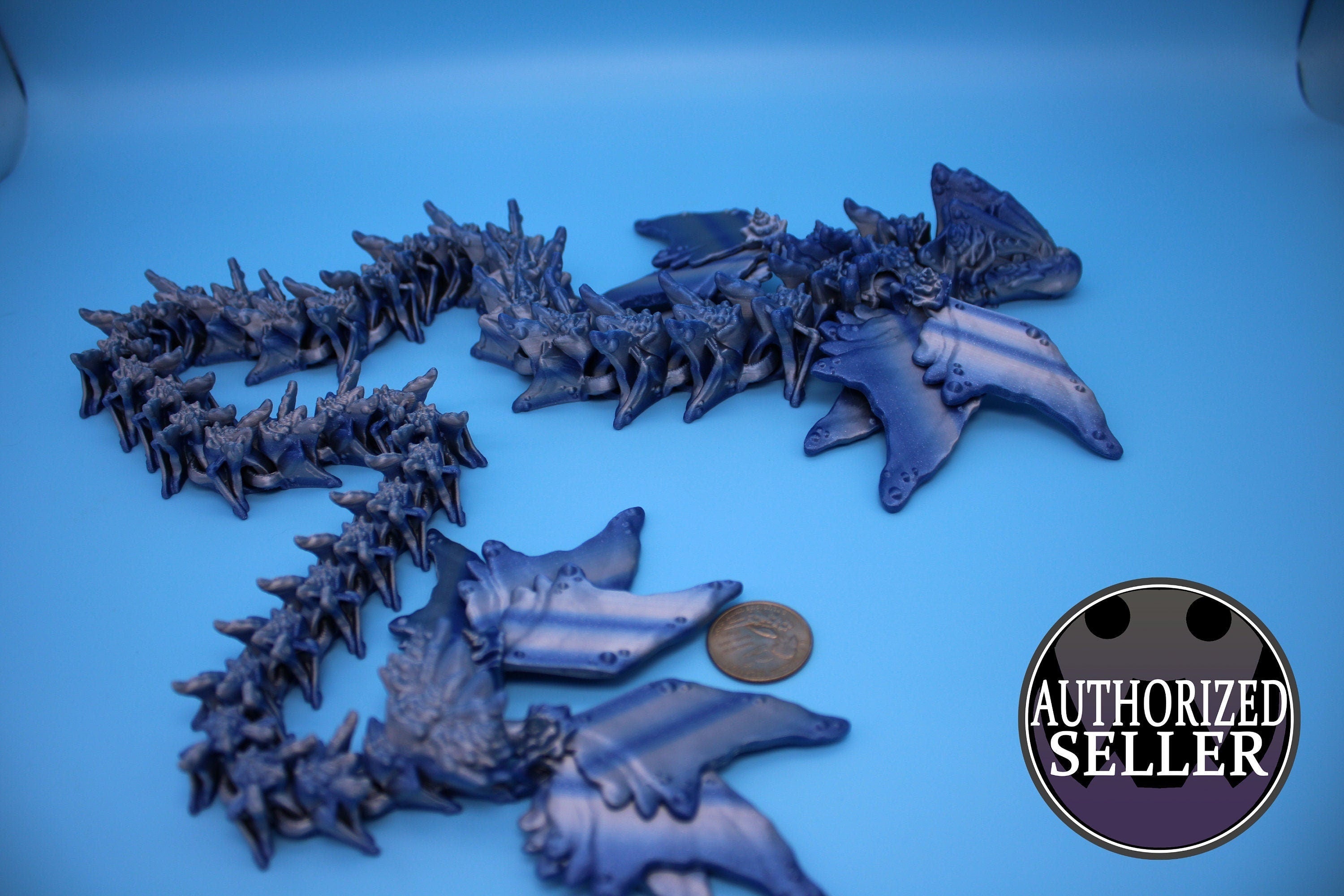 Blue / Silver Ocean Dragon | Articulating Dragon | 3D Printed Fidget | Flexi Toy | Adult Fidget Toy | Sensory Desk Toy | 32 in. Serpent LONG