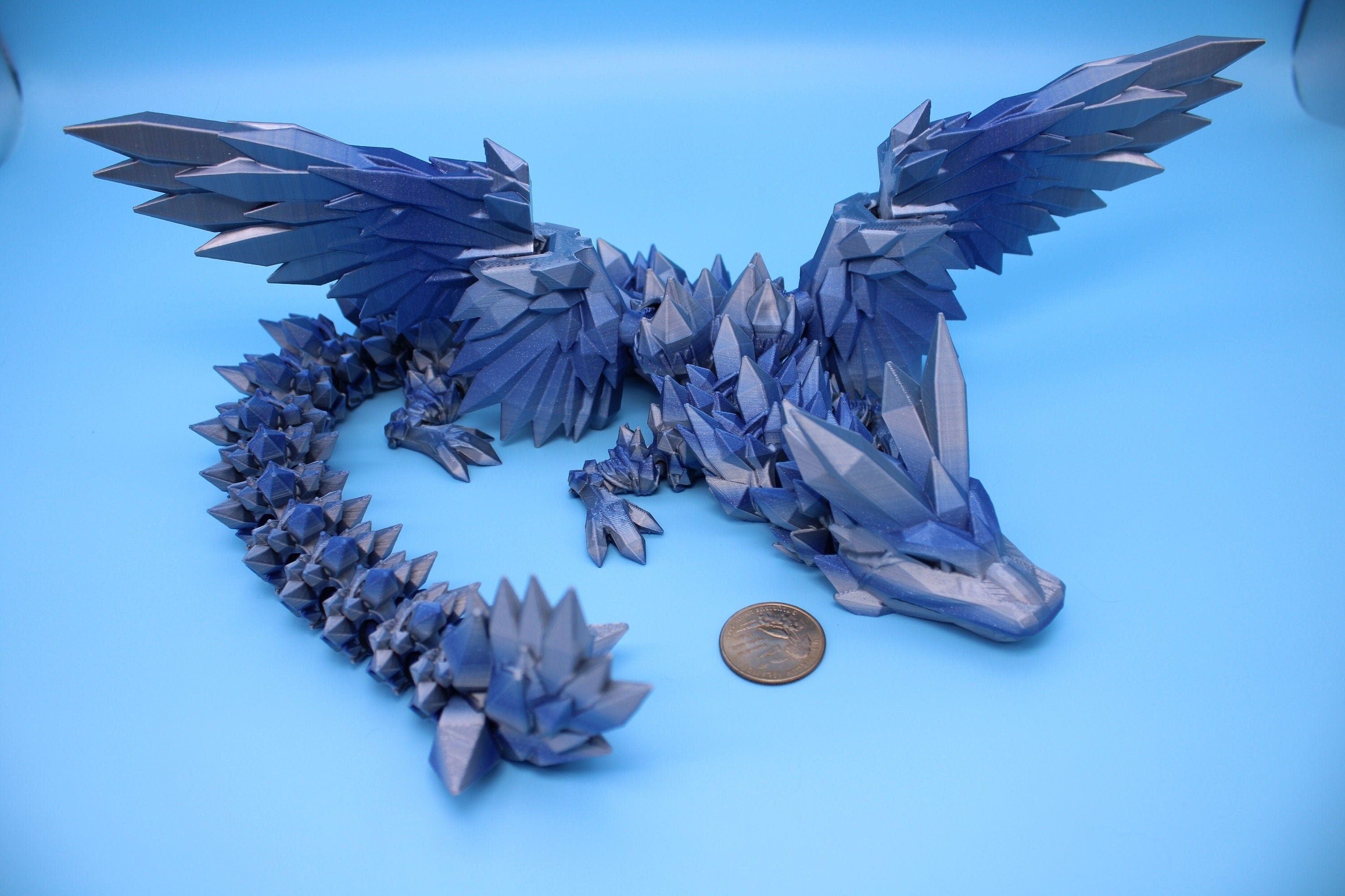 Crystal Winged Dragon | Blue / Silver Crystal Wing Dragon | 3D printed | Articulating Dragon | Fidget Toy | Flexi Toy | 18 in