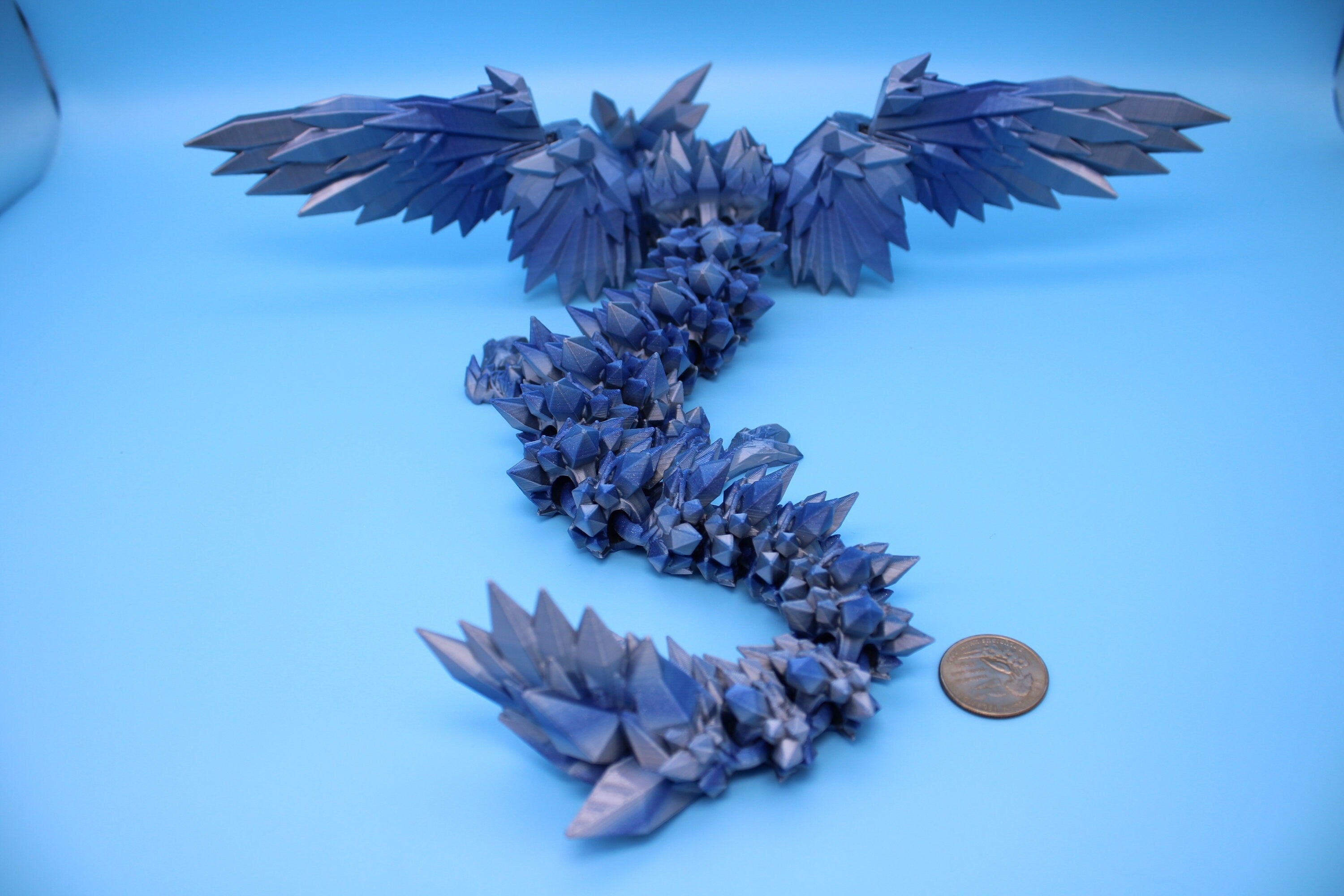 Crystal Winged Dragon | Blue / Silver Crystal Wing Dragon | 3D printed | Articulating Dragon | Fidget Toy | Flexi Toy | 18 in