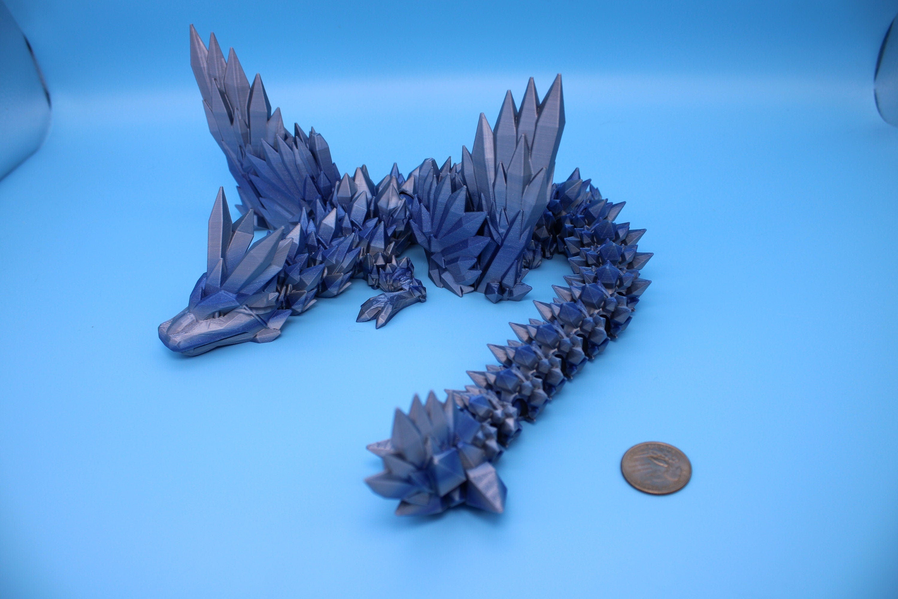 Crystal Winged Dragon | Blue / Silver Crystal Wing Dragon | 3D printed | Articulating Dragon | Fidget Toy | Flexi Toy | 18 in