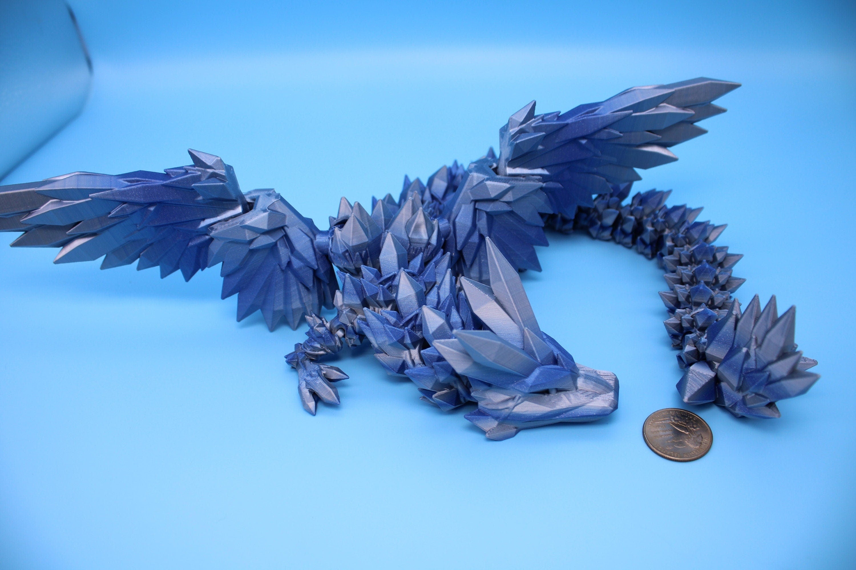 Crystal Winged Dragon | Blue / Silver Crystal Wing Dragon | 3D printed | Articulating Dragon | Fidget Toy | Flexi Toy | 18 in