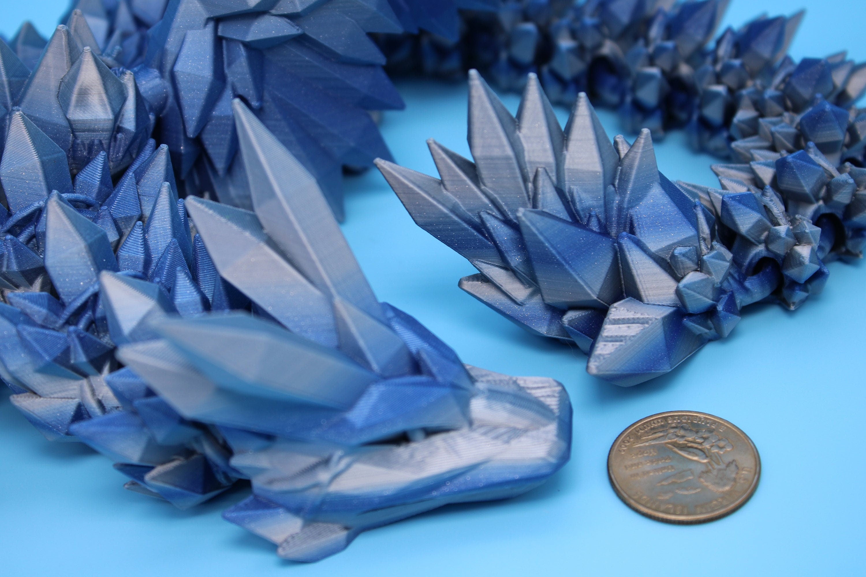 Crystal Winged Dragon | Blue / Silver Crystal Wing Dragon | 3D printed | Articulating Dragon | Fidget Toy | Flexi Toy | 18 in