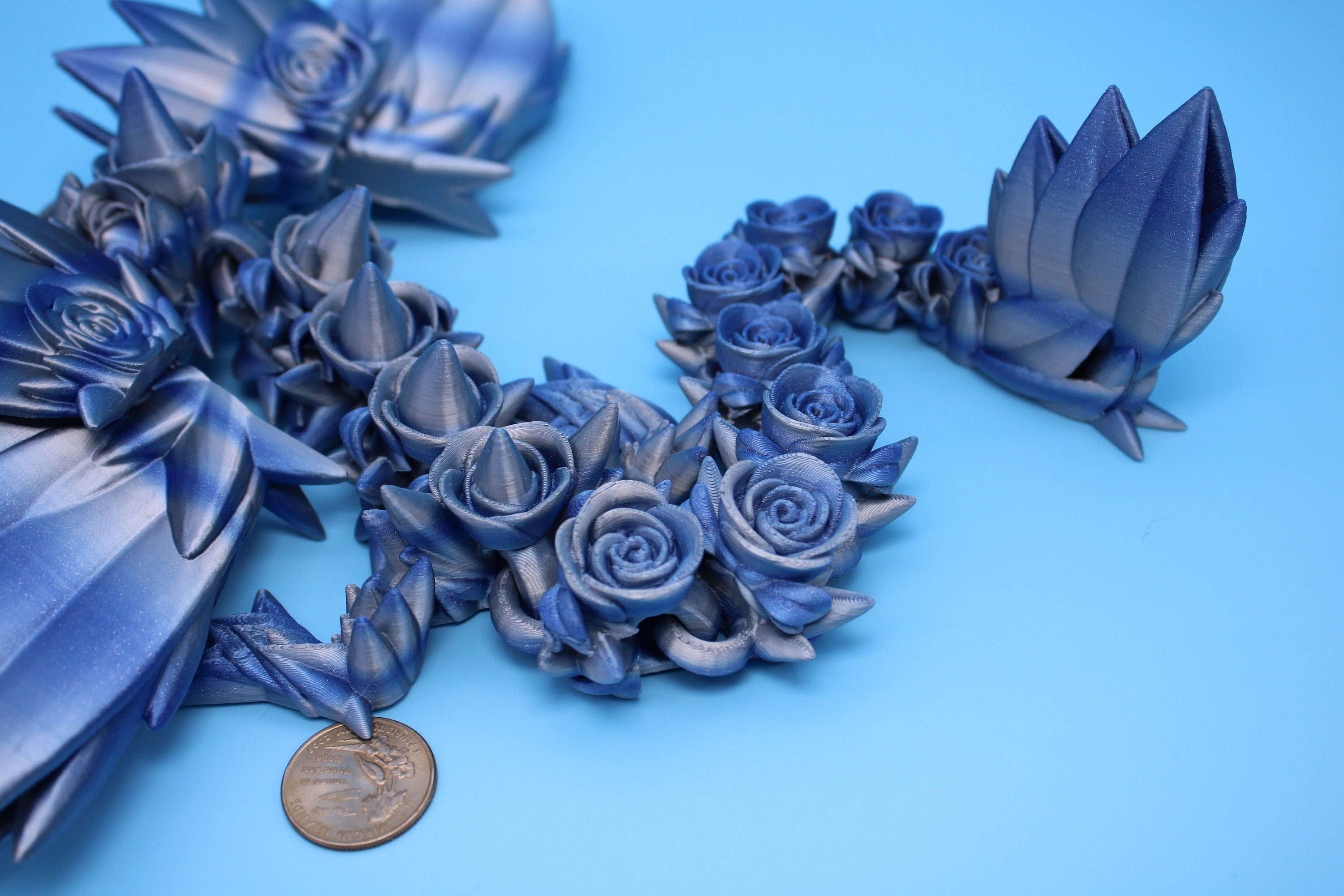 Blue / Silver Rose Wing Articulating Dragon | 3D Printed Fidget | Flexi Toy | Adult Fidget Toy | Sensory Desk Toy | 19 in. | Valentines Day