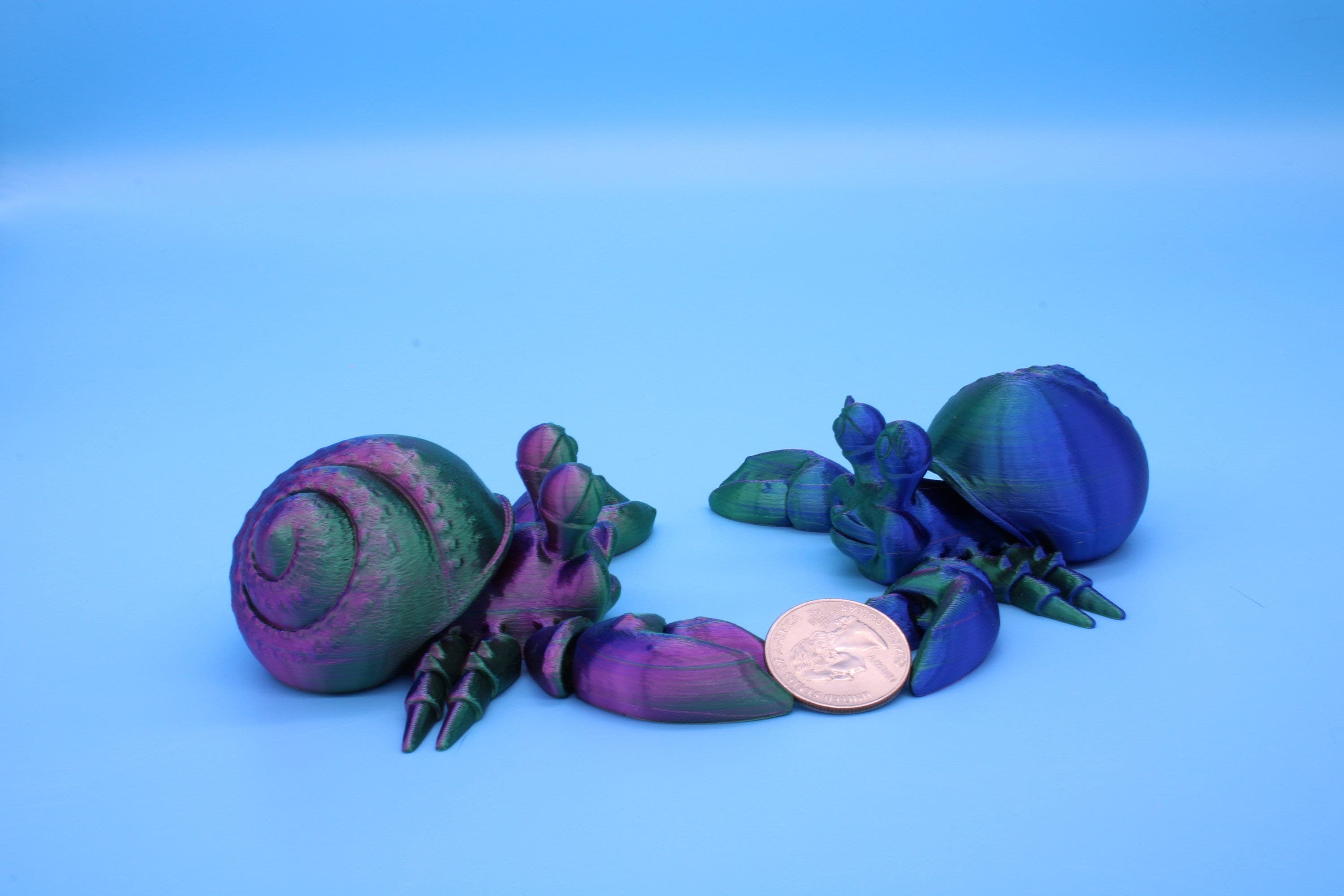Articulating Multi Color Flexi Hermit Crab Mr. & Mrs. 3D Printed. Super cute, friendly crabs. Great fidget toy, buddy, Sensory toy for all.