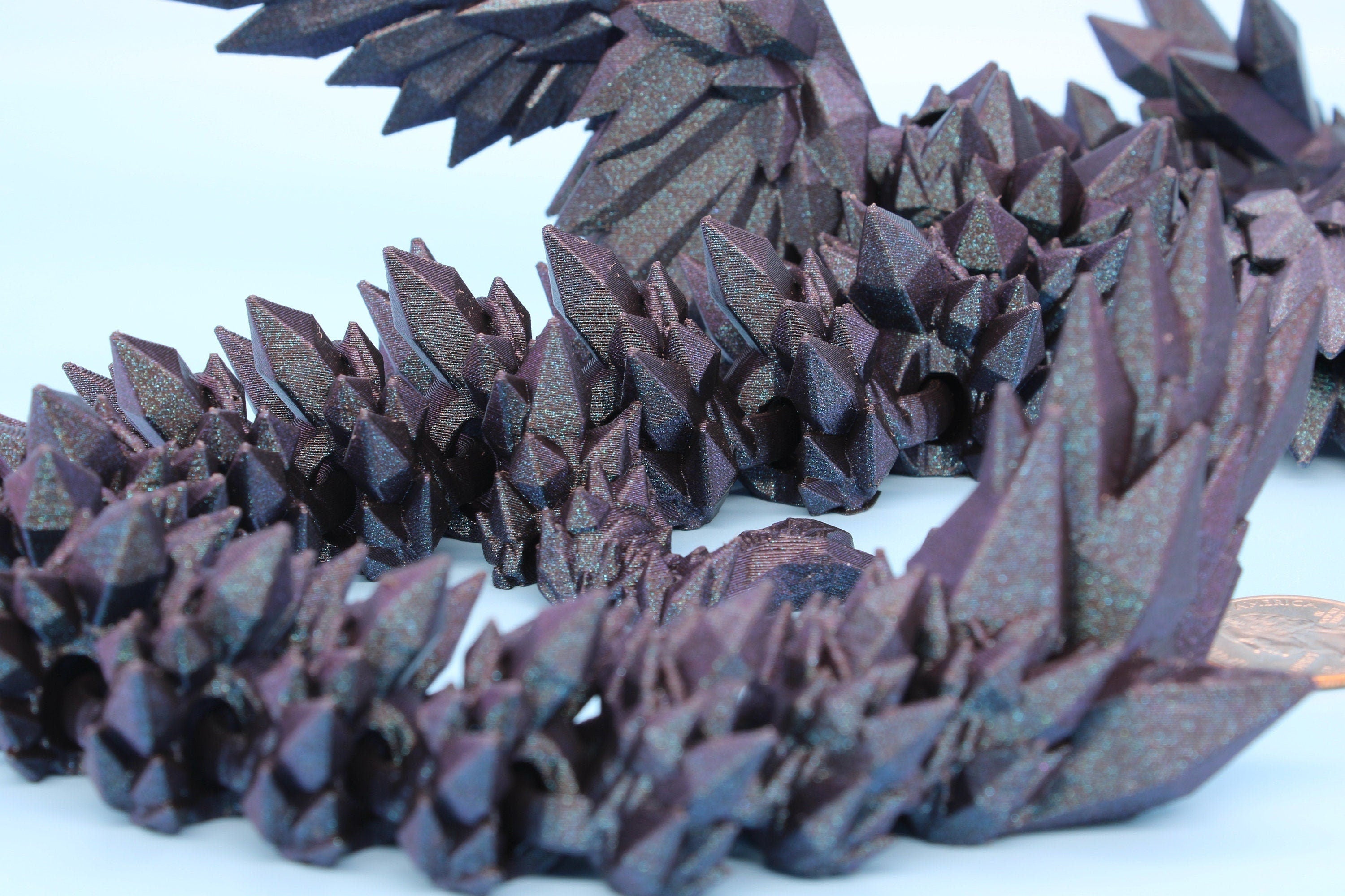 18 in. "Burnt Titanium" Crystal Winged Dragon | Crystal Wing Dragon 3D printed | articulating dragon | Flexi Toy | Stress Relief Gift |