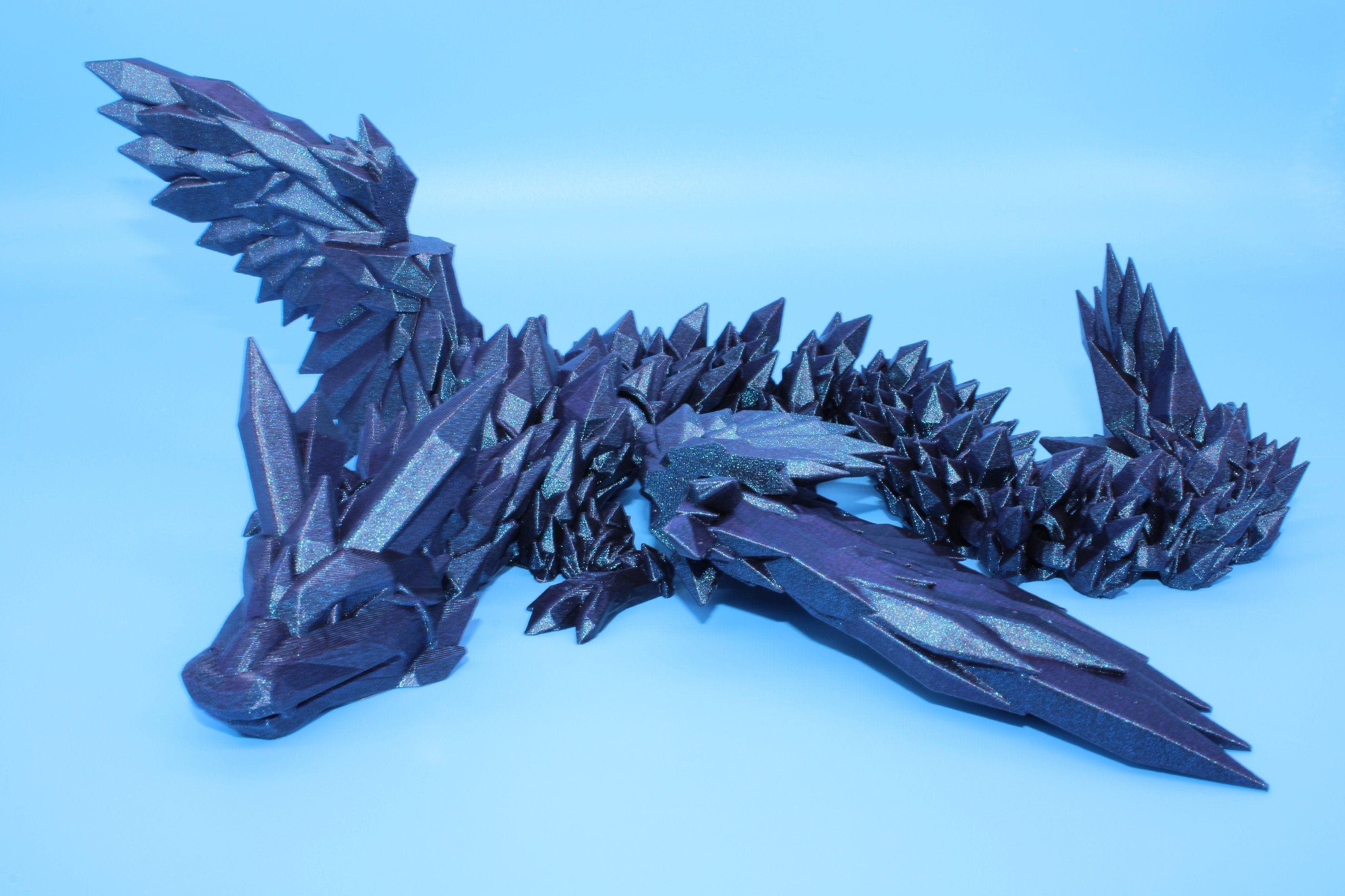 18 in. "Burnt Titanium" Crystal Winged Dragon | Crystal Wing Dragon 3D printed | articulating dragon | Flexi Toy | Stress Relief Gift |