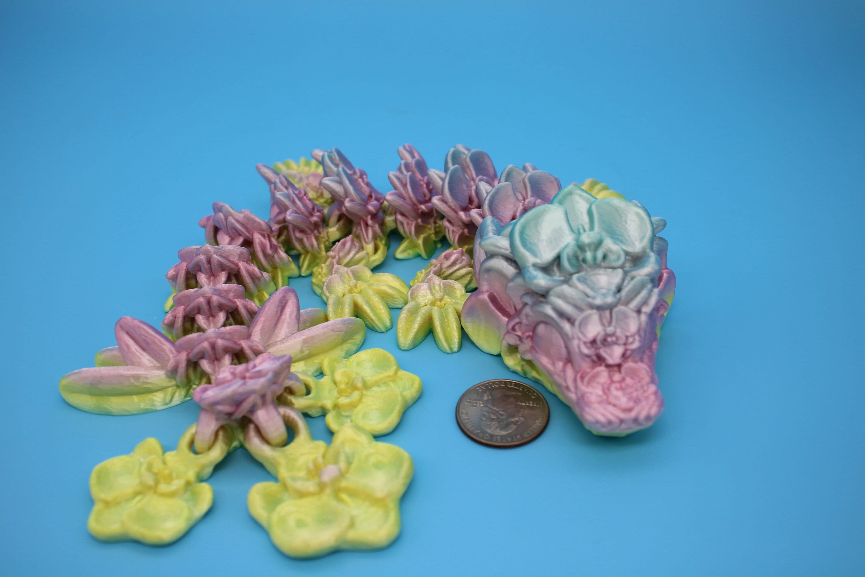 Baby Multi Color Orchid Dragon | 3D Printed Articulating Dragon | Flexi Toy | Adult Fidget Toy | Dragon Buddy ready for you! 12.5 inch.