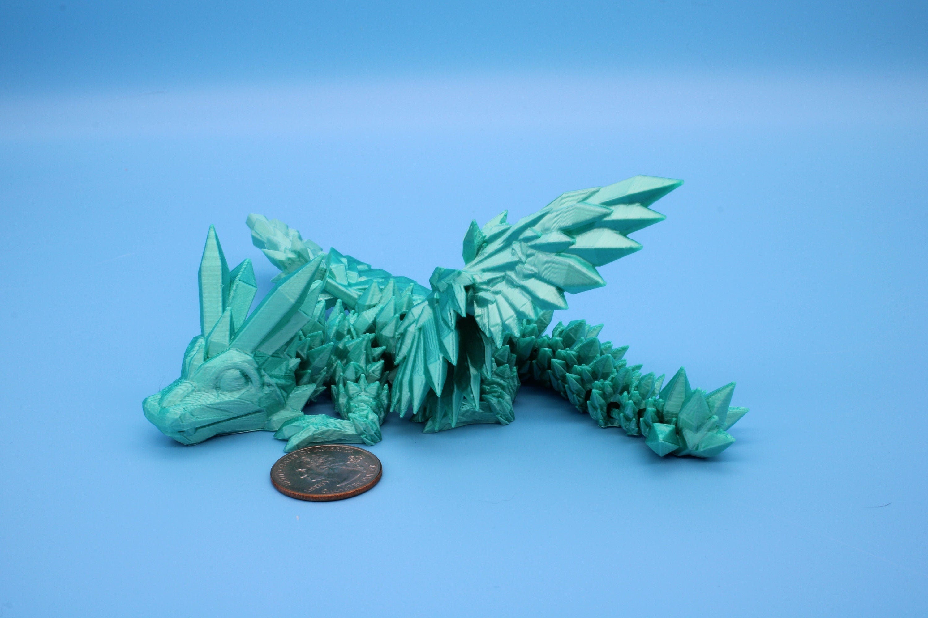 Miniature Teal Crystal Winged Dragon | 3D printed articulating dragon Fidget | Flexi Toy 7 in. head to tail | Stress Relief Gift