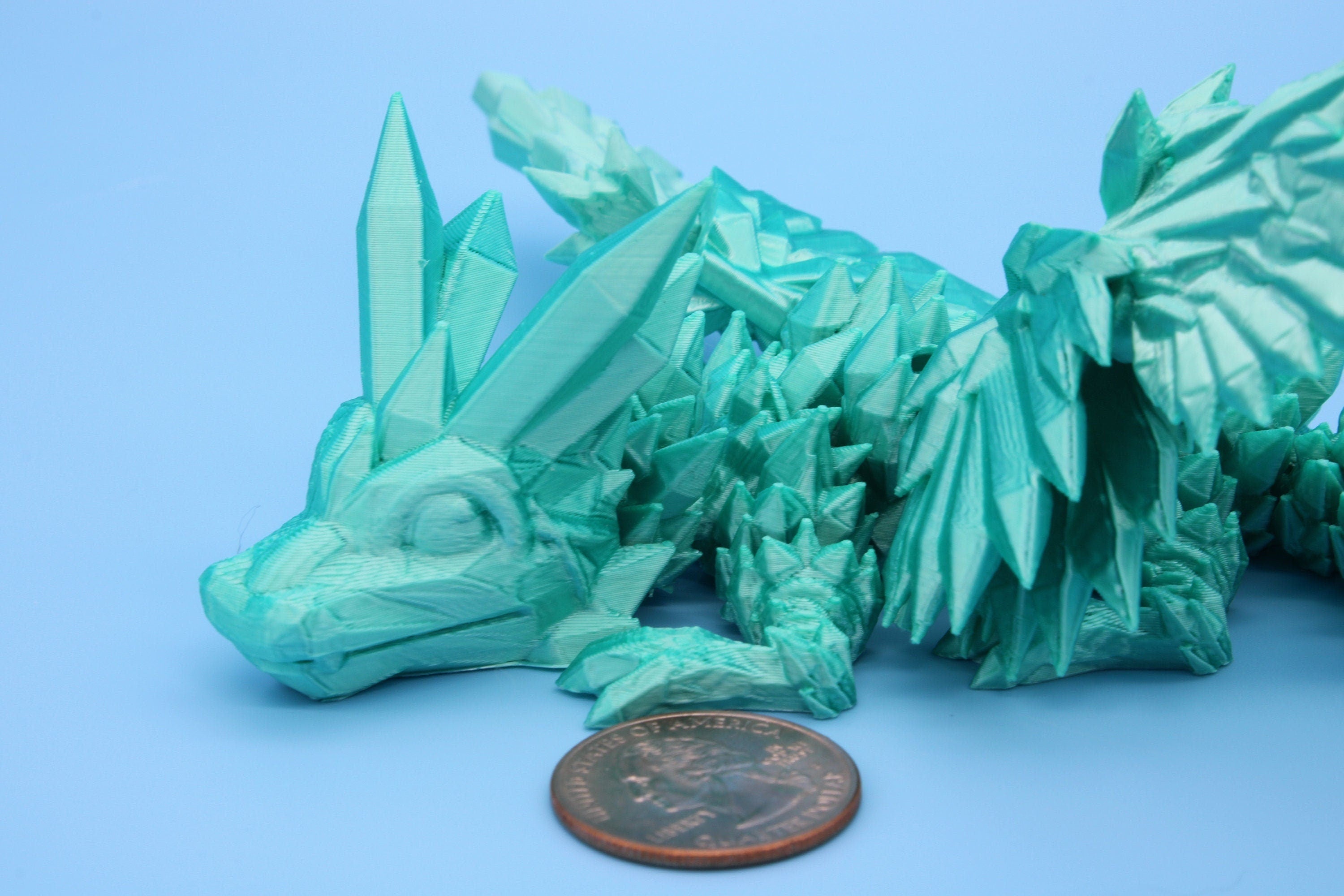 Miniature Teal Crystal Winged Dragon | 3D printed articulating dragon Fidget | Flexi Toy 7 in. head to tail | Stress Relief Gift