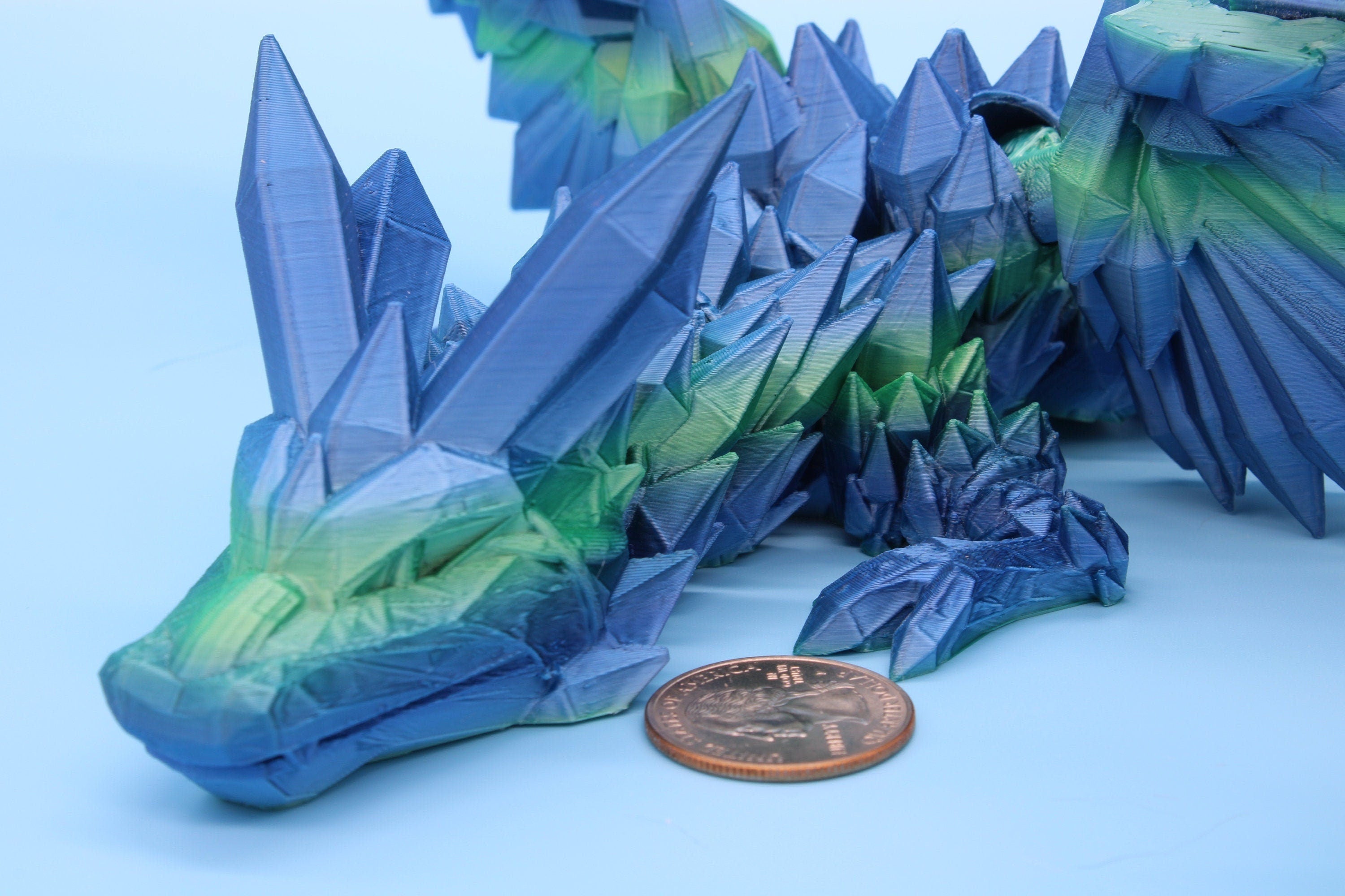 Flawed Blue / Green Crystal Winged Dragon. Crystal Wing Dragon 3D printed articulating dragon. flexi Toy, 18 in. Stress Relief, Gift.