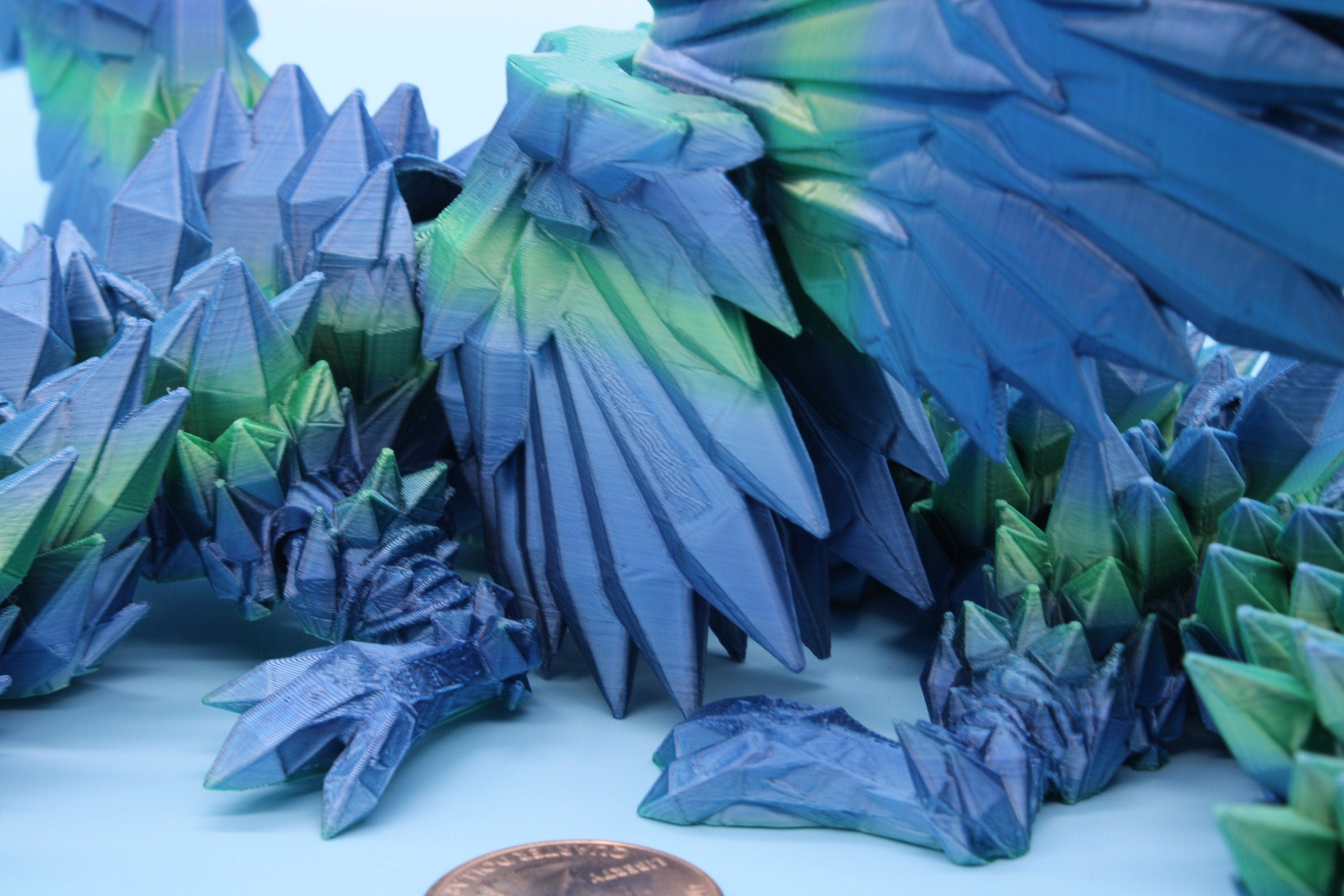 Flawed Blue / Green Crystal Winged Dragon. Crystal Wing Dragon 3D printed articulating dragon. flexi Toy, 18 in. Stress Relief, Gift.