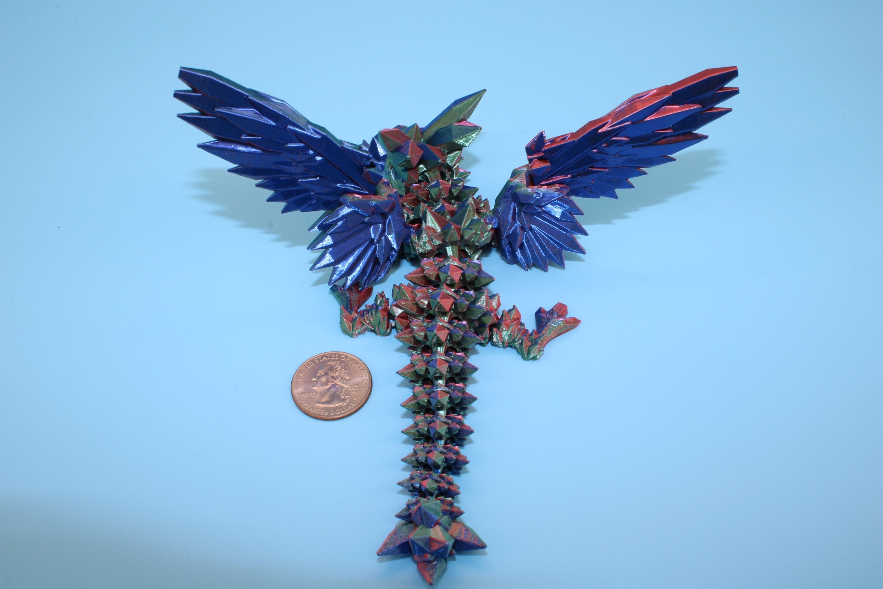 Miniature Tri Color Crystal Winged Dragon | 3D printed articulating dragon Fidget | Flexi Toy 7 in. head to tail | Stress Relief Gift