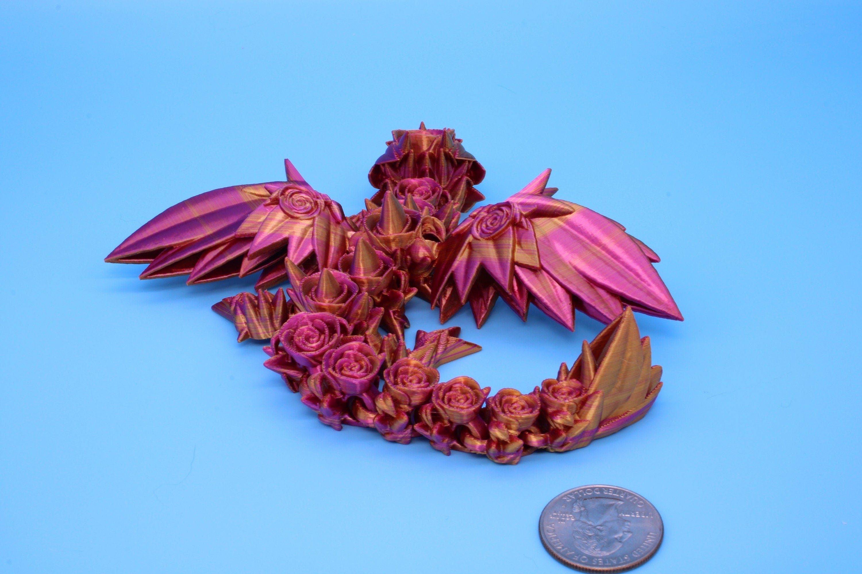 Miniature Baby Rose Wing Dragon | Pink & Gold | 3D printed articulating Toy Fidget | Flexi Toy 8.5 in. head to tail | Stress Relief Gift