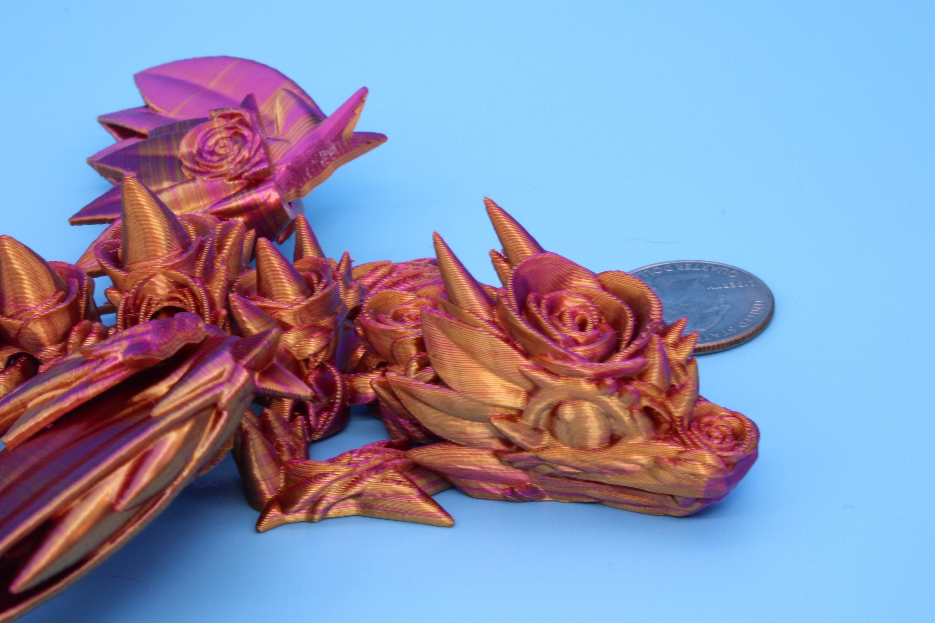 Miniature Baby Rose Wing Dragon | Pink & Gold | 3D printed articulating Toy Fidget | Flexi Toy 8.5 in. head to tail | Stress Relief Gift