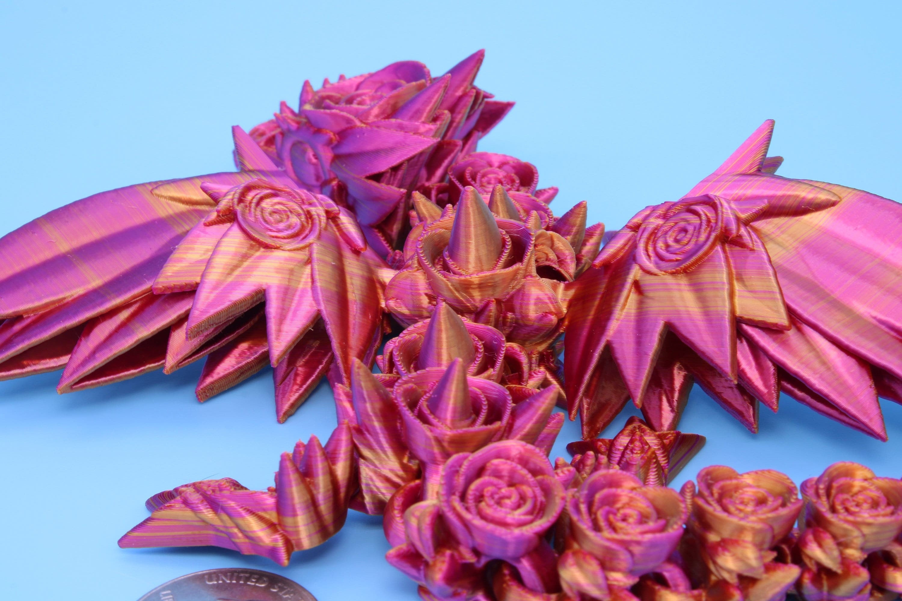 Miniature Baby Rose Wing Dragon | Pink & Gold | 3D printed articulating Toy Fidget | Flexi Toy 8.5 in. head to tail | Stress Relief Gift