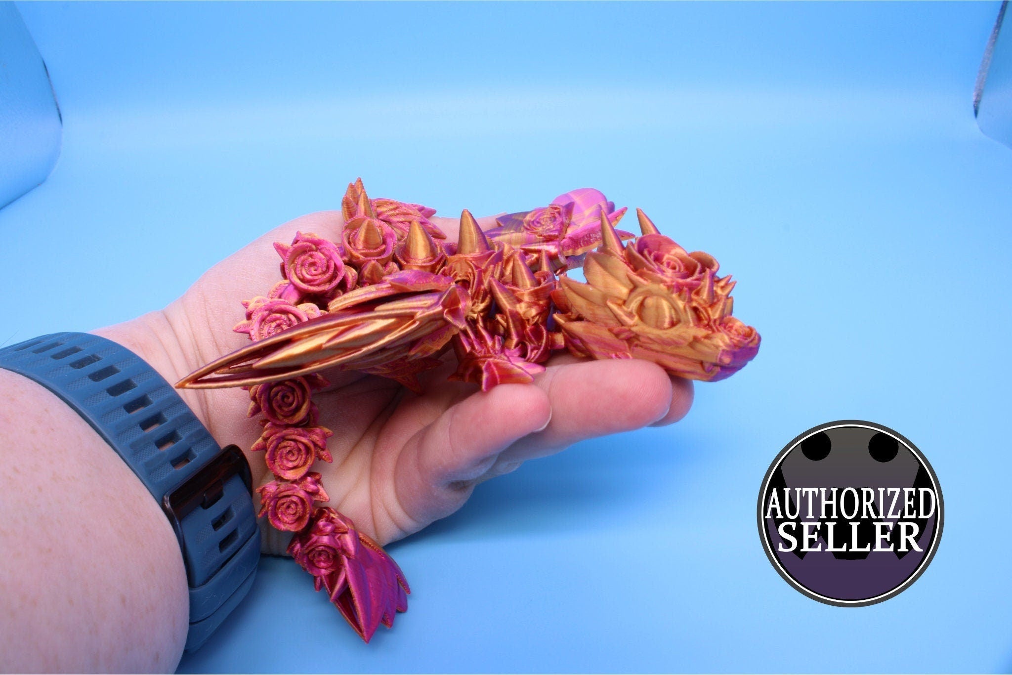 Miniature Baby Rose Wing Dragon | Pink & Gold | 3D printed articulating Toy Fidget | Flexi Toy 8.5 in. head to tail | Stress Relief Gift