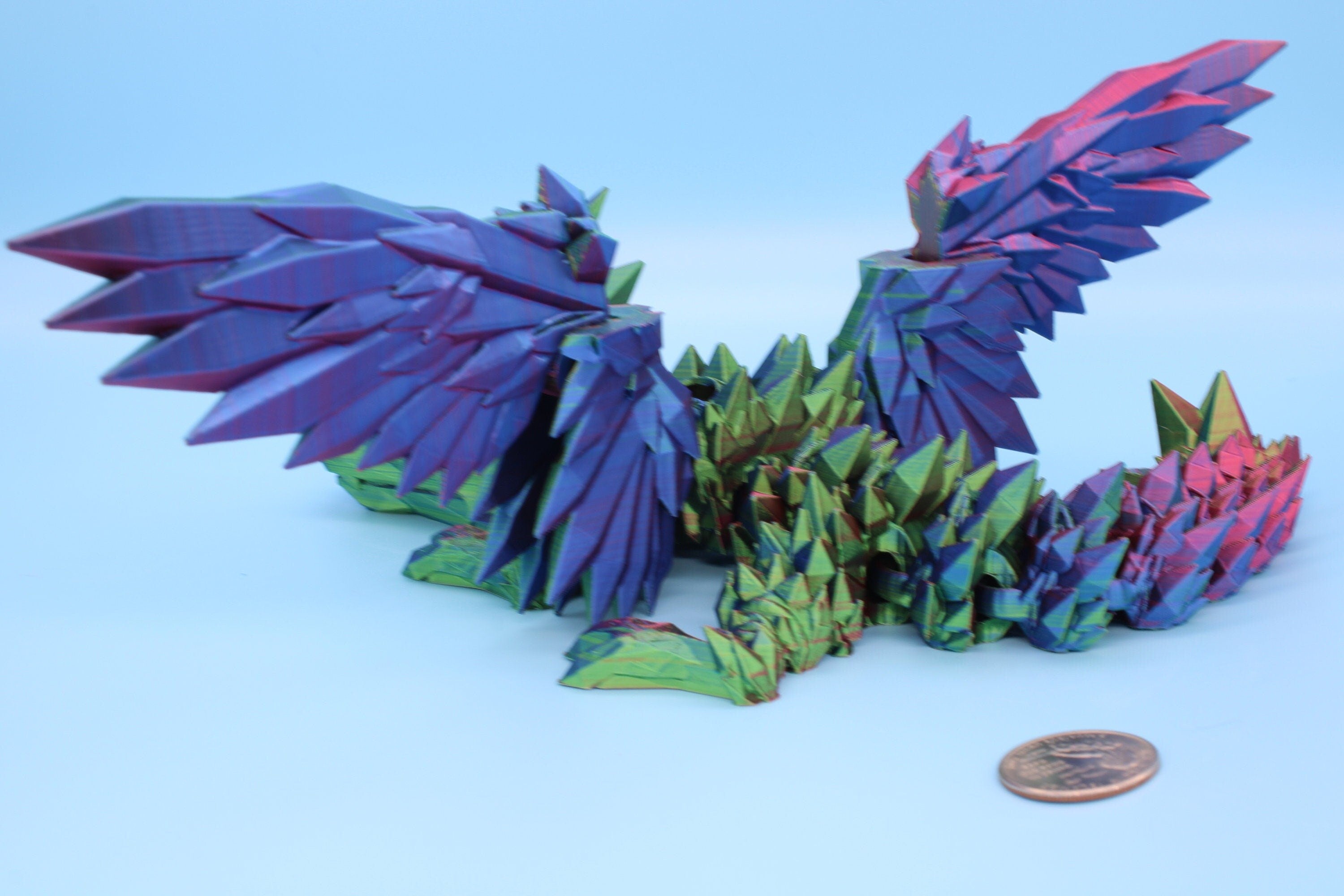 Multi Color, Rainbow Baby Crystal Winged Dragon. 3D printed articulating dragon Fidget, Flexi, Toy 11.5 in. Stress Relief, Gift.