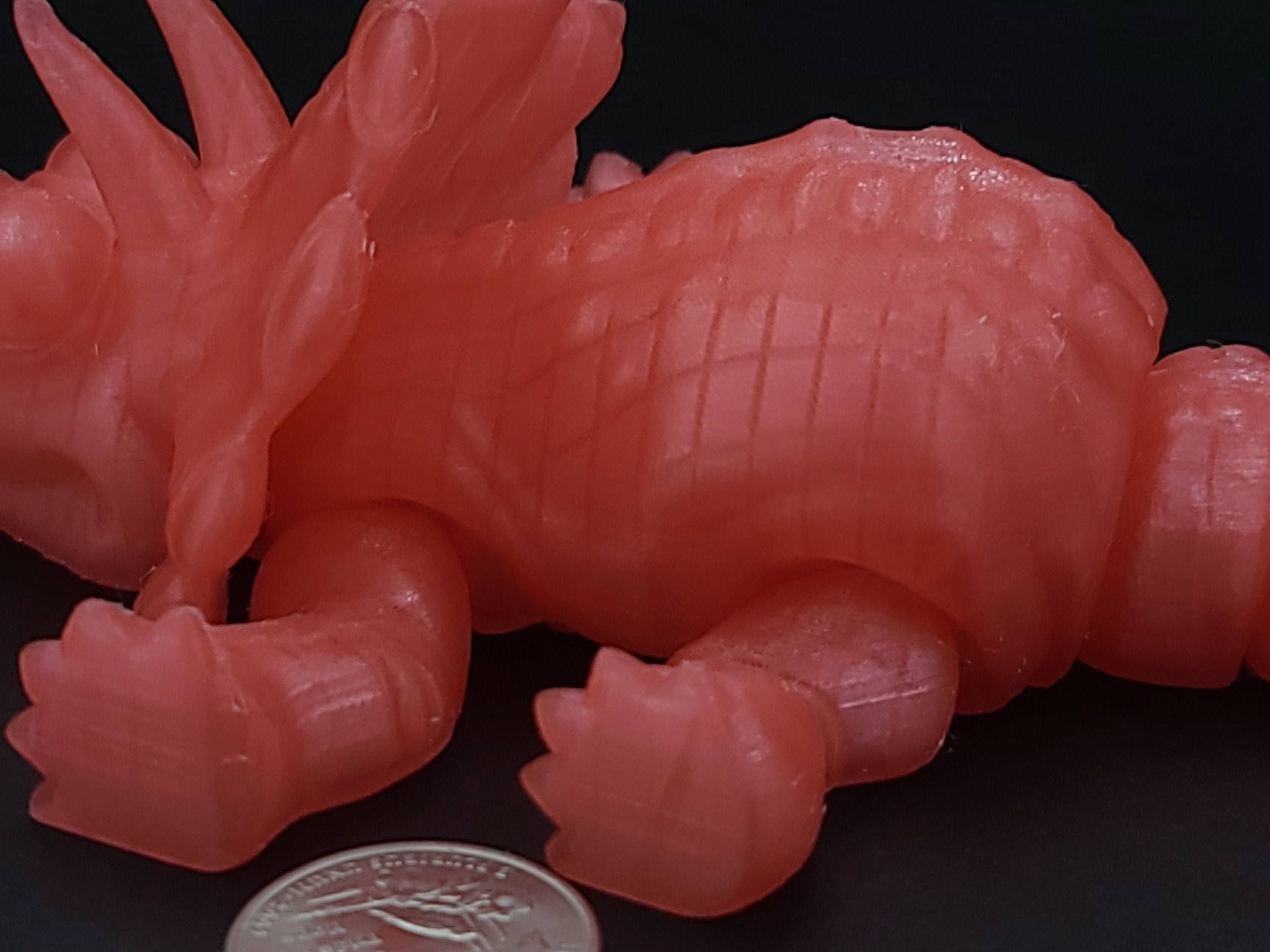 Cute Flexi Watermelon Red Translucent Triceratops. Unique 3D printed Triceratops. Great Articulating fidget toy, desk, sensory toy. 6.5 inch