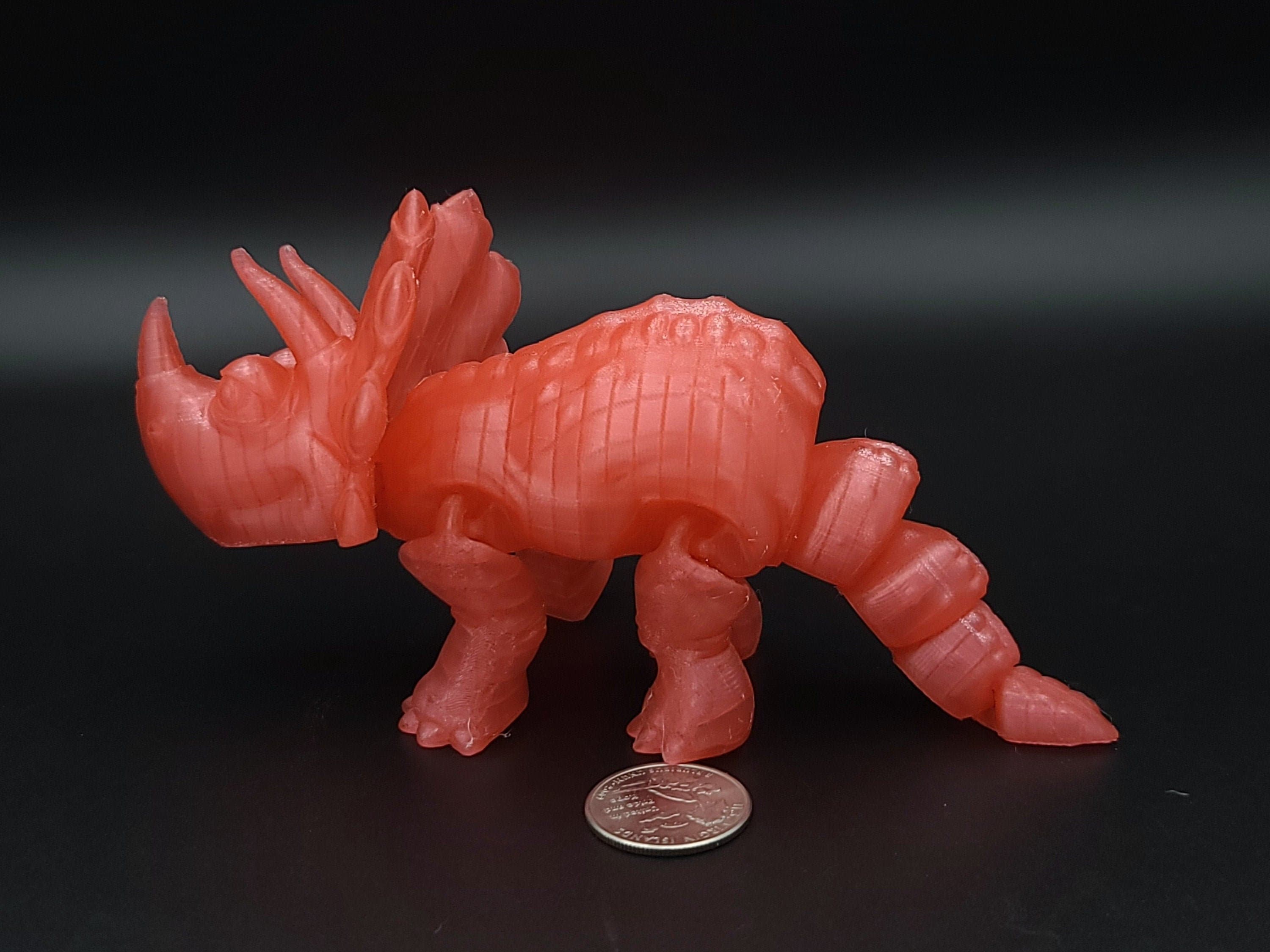 Cute Flexi Watermelon Red Translucent Triceratops. Unique 3D printed Triceratops. Great Articulating fidget toy, desk, sensory toy. 6.5 inch