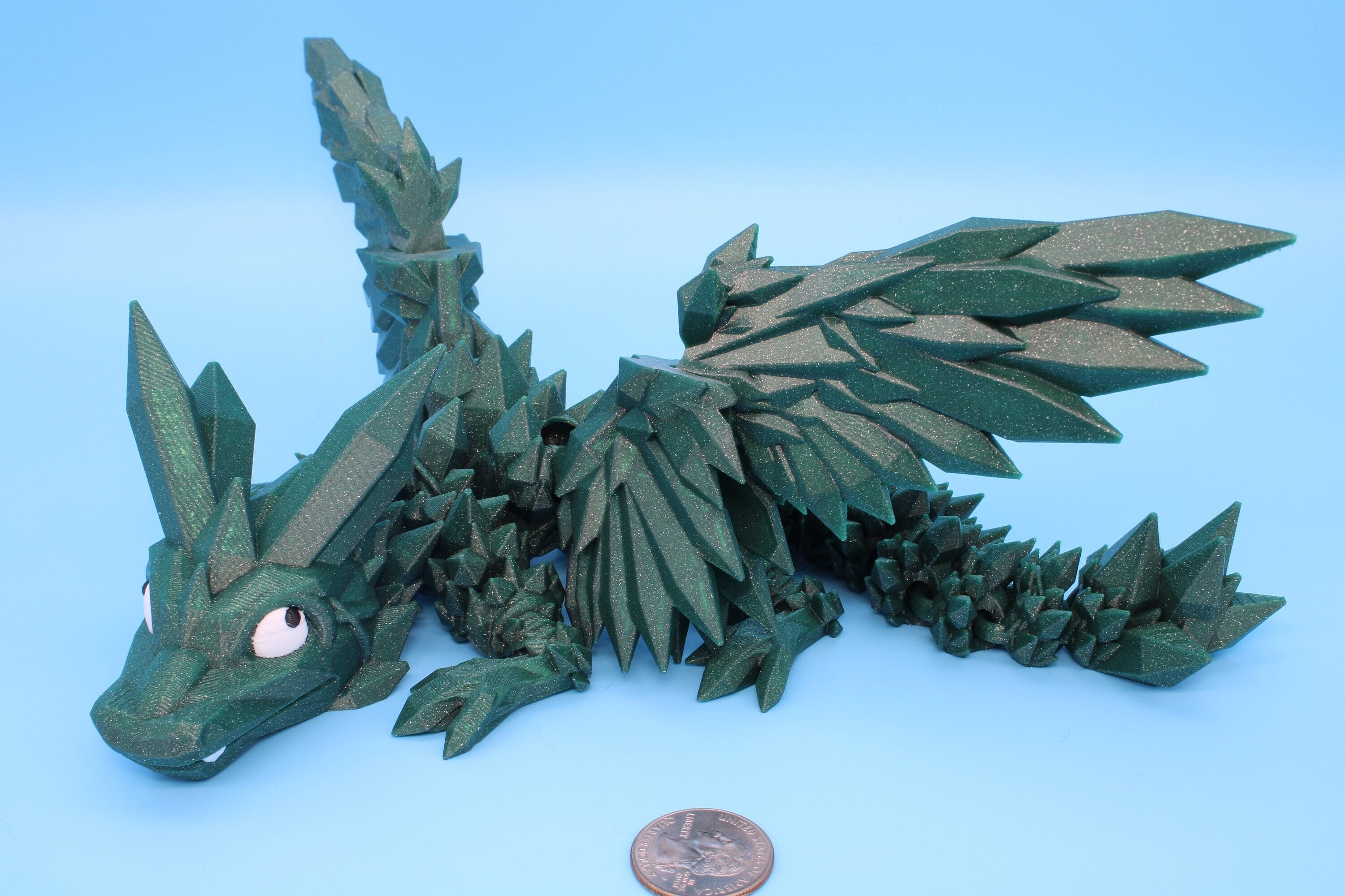 Green Sparkle Baby Crystal Winged Dragon | 3D printed articulating | Fidget Toy | Flexi Toy | 11.5 in. | Stress Relief | Dragon Gift.