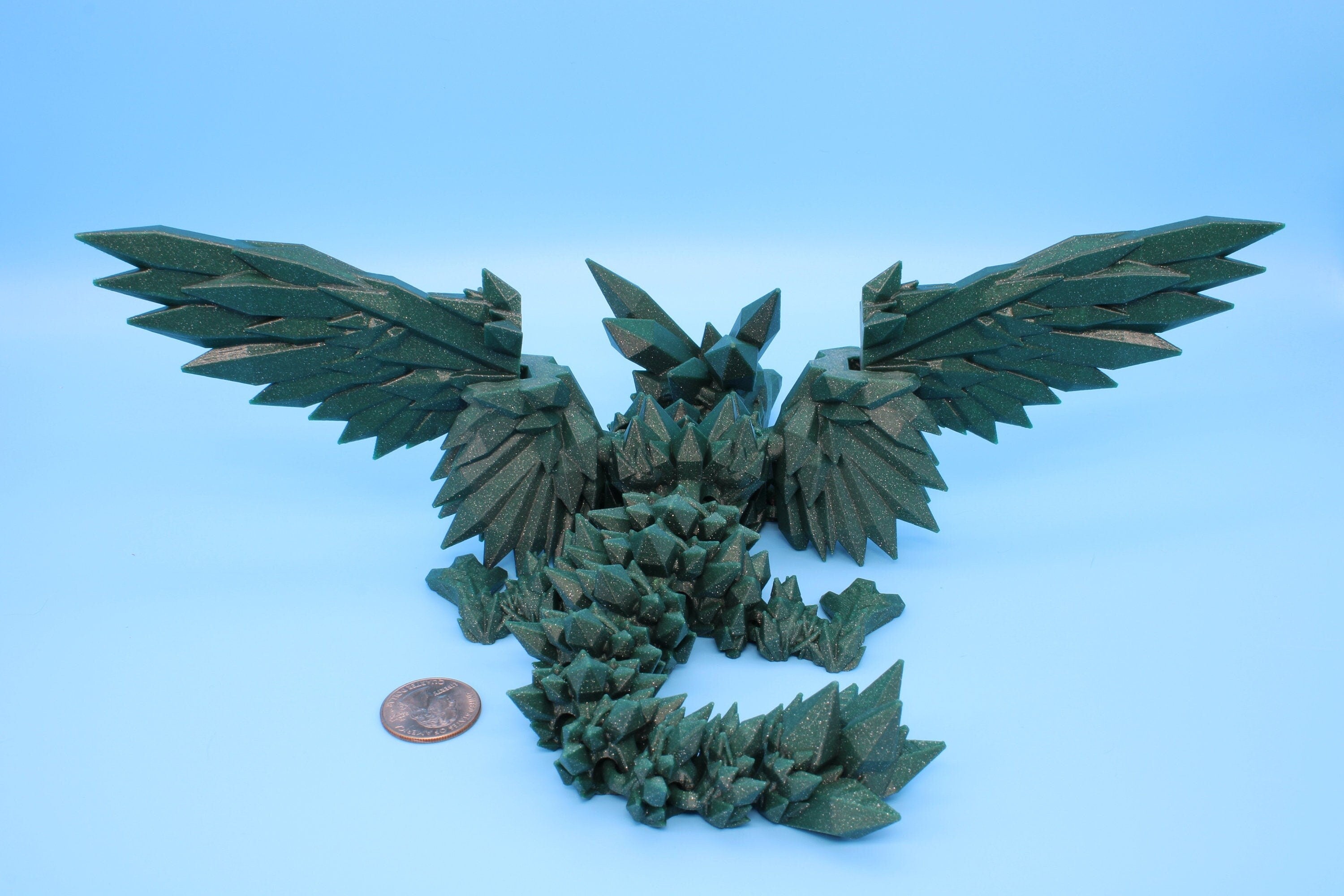 Green Sparkle Baby Crystal Winged Dragon | 3D printed articulating | Fidget Toy | Flexi Toy | 11.5 in. | Stress Relief | Dragon Gift.