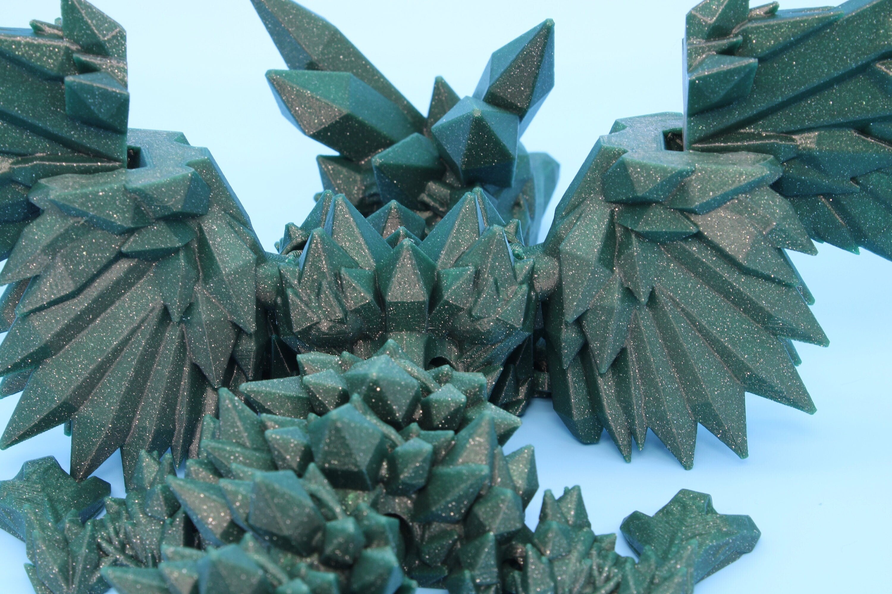 Green Sparkle Baby Crystal Winged Dragon | 3D printed articulating | Fidget Toy | Flexi Toy | 11.5 in. | Stress Relief | Dragon Gift.