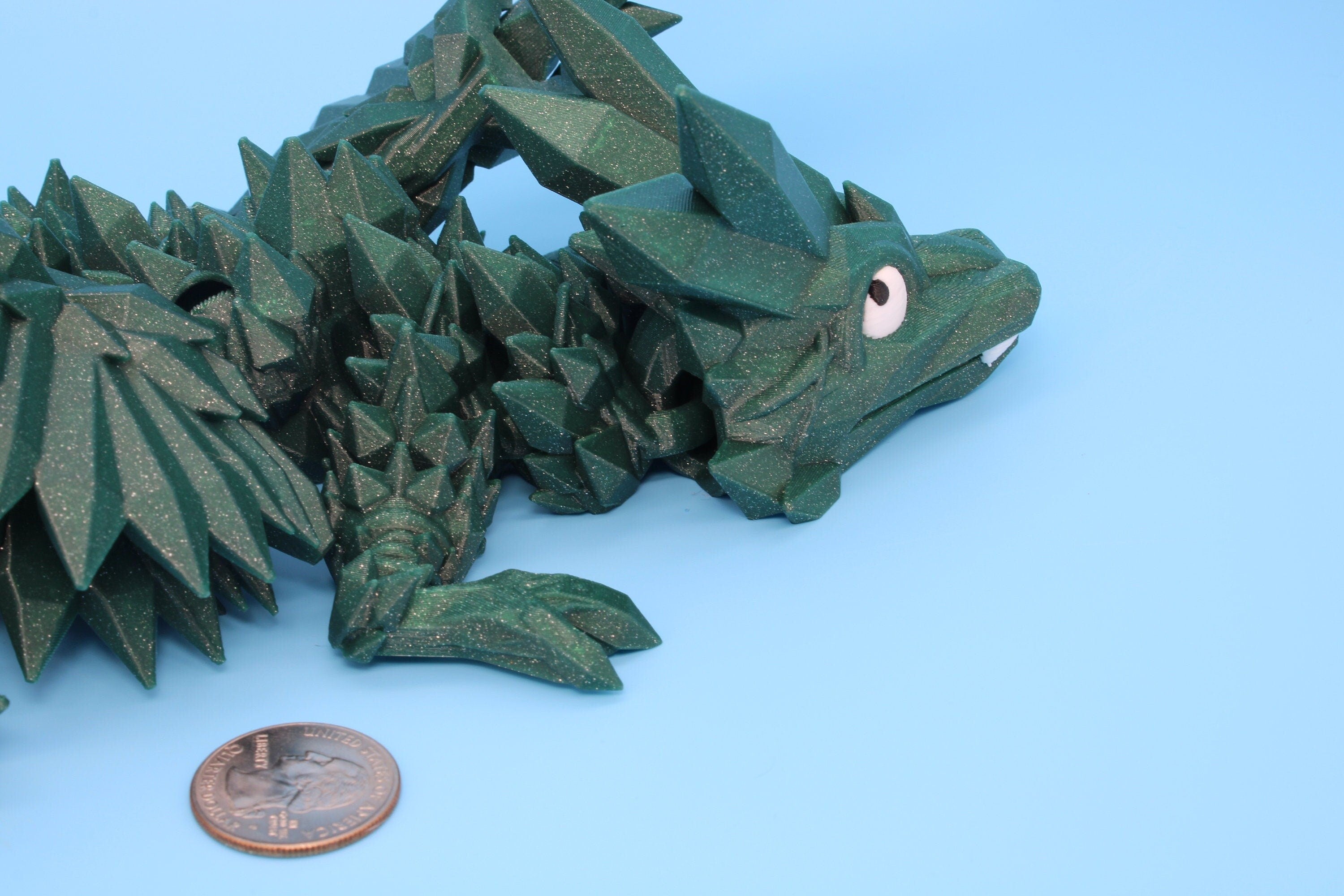Green Sparkle Baby Crystal Winged Dragon | 3D printed articulating | Fidget Toy | Flexi Toy | 11.5 in. | Stress Relief | Dragon Gift.