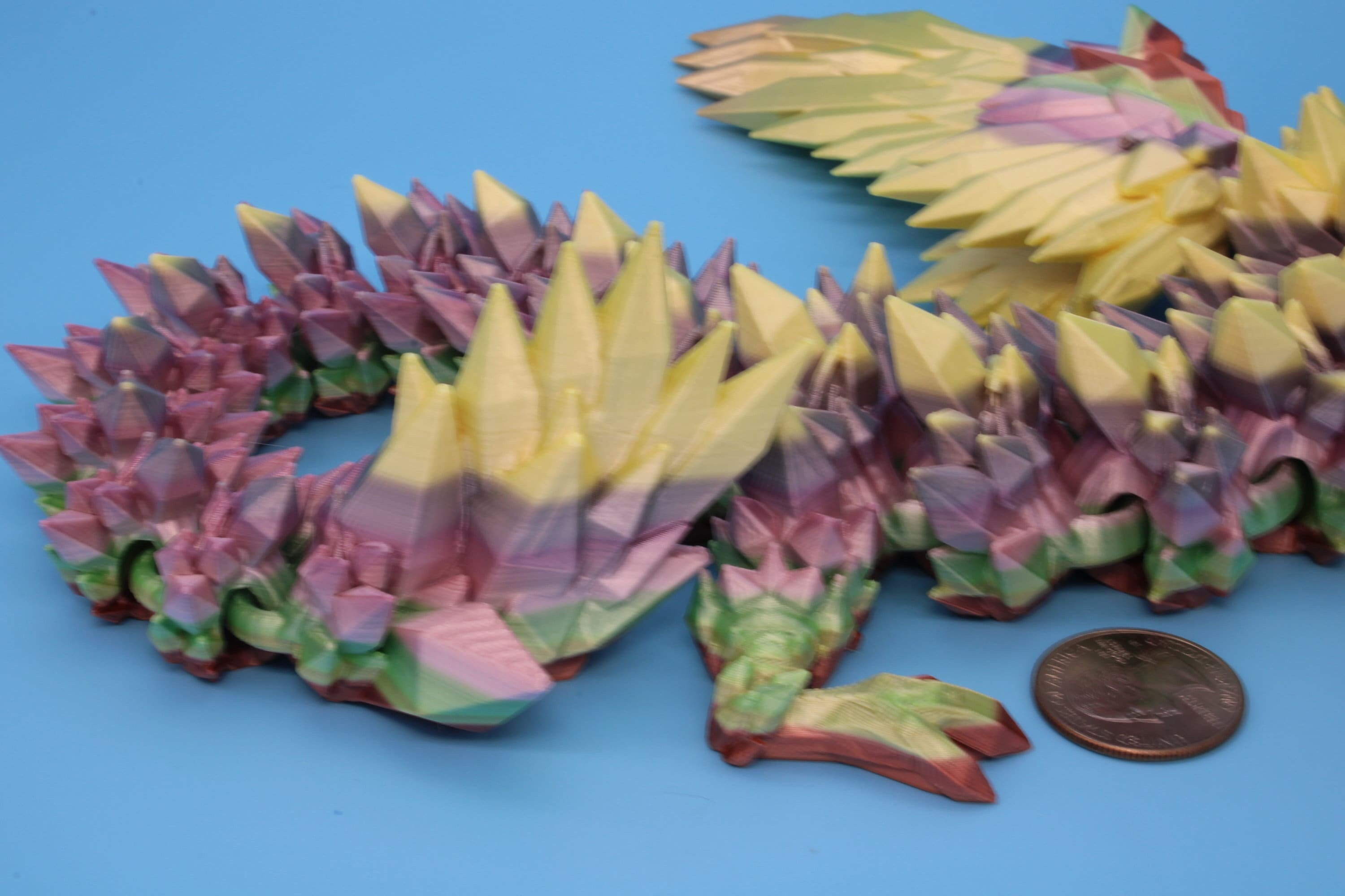Flawed Rainbow Crystal Winged Dragon. Crystal Wing Dragon 3D printed articulating dragon. flexi Toy, 18 in. Stress Relief, Gift.