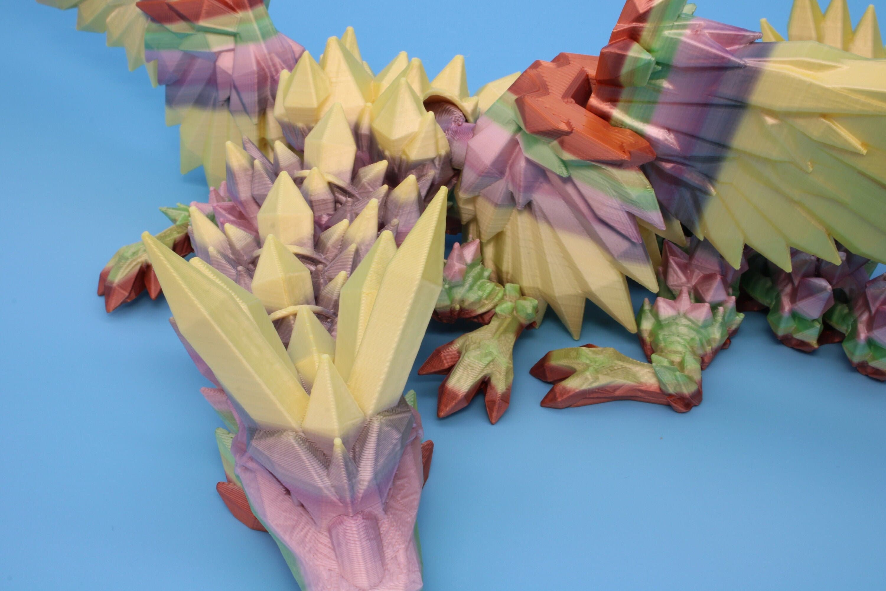 Flawed Rainbow Crystal Winged Dragon. Crystal Wing Dragon 3D printed articulating dragon. flexi Toy, 18 in. Stress Relief, Gift.