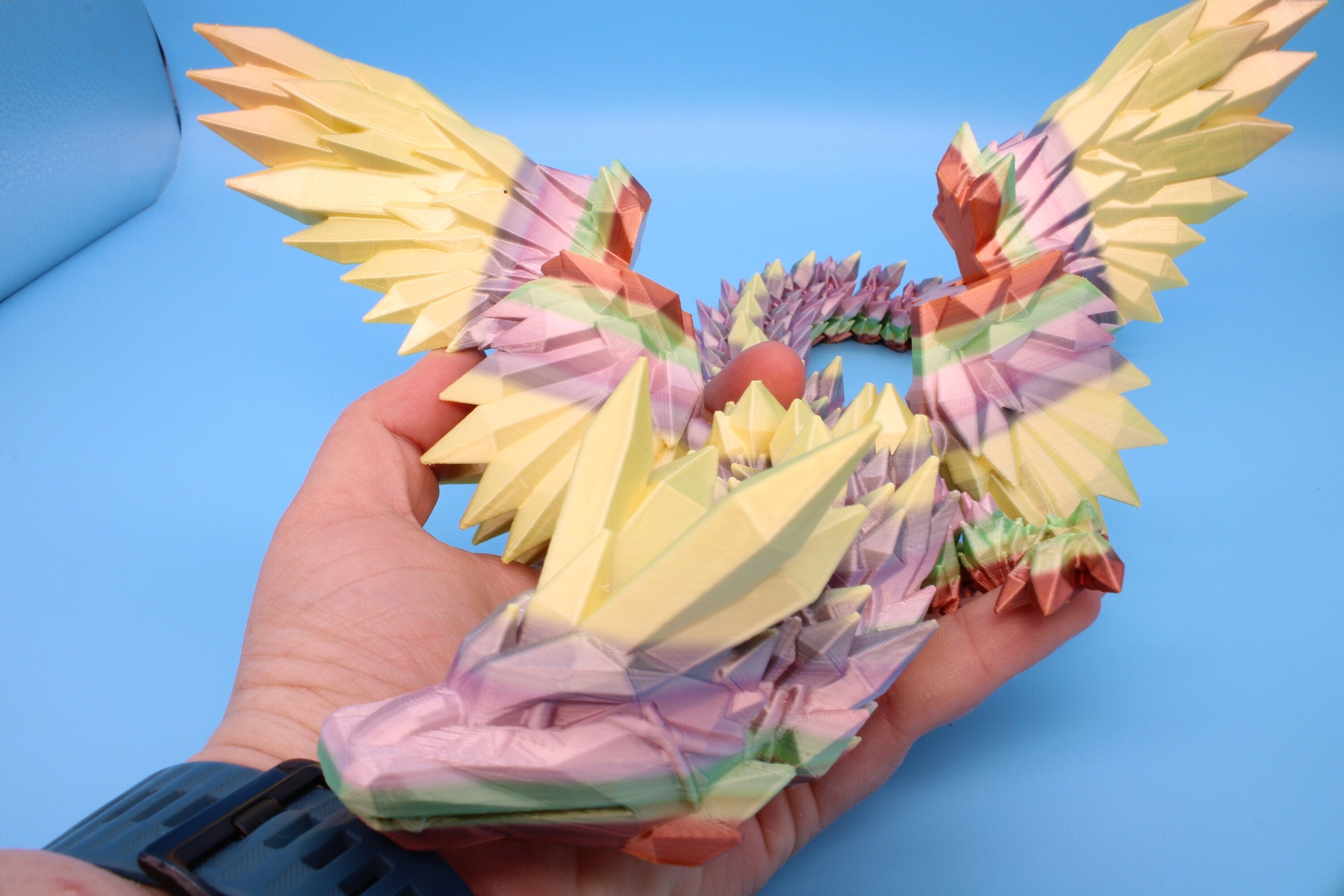 Flawed Rainbow Crystal Winged Dragon. Crystal Wing Dragon 3D printed articulating dragon. flexi Toy, 18 in. Stress Relief, Gift.
