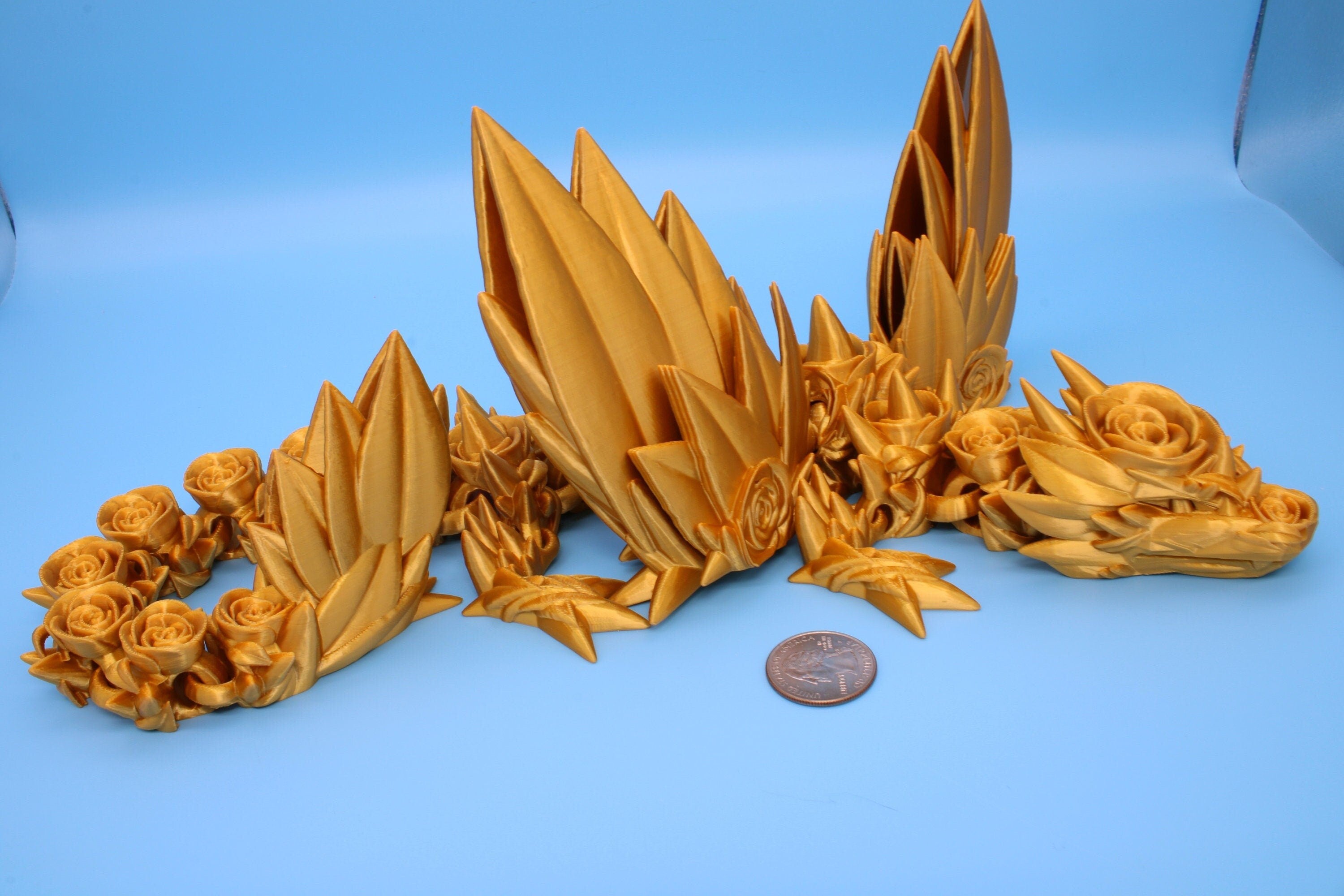 Gold Rose Wing Articulating Dragon | 3D Printed Fidget | Flexi Toy | Adult Fidget Toy | Sensory Desk Toy | 19 in. | Valentines Day