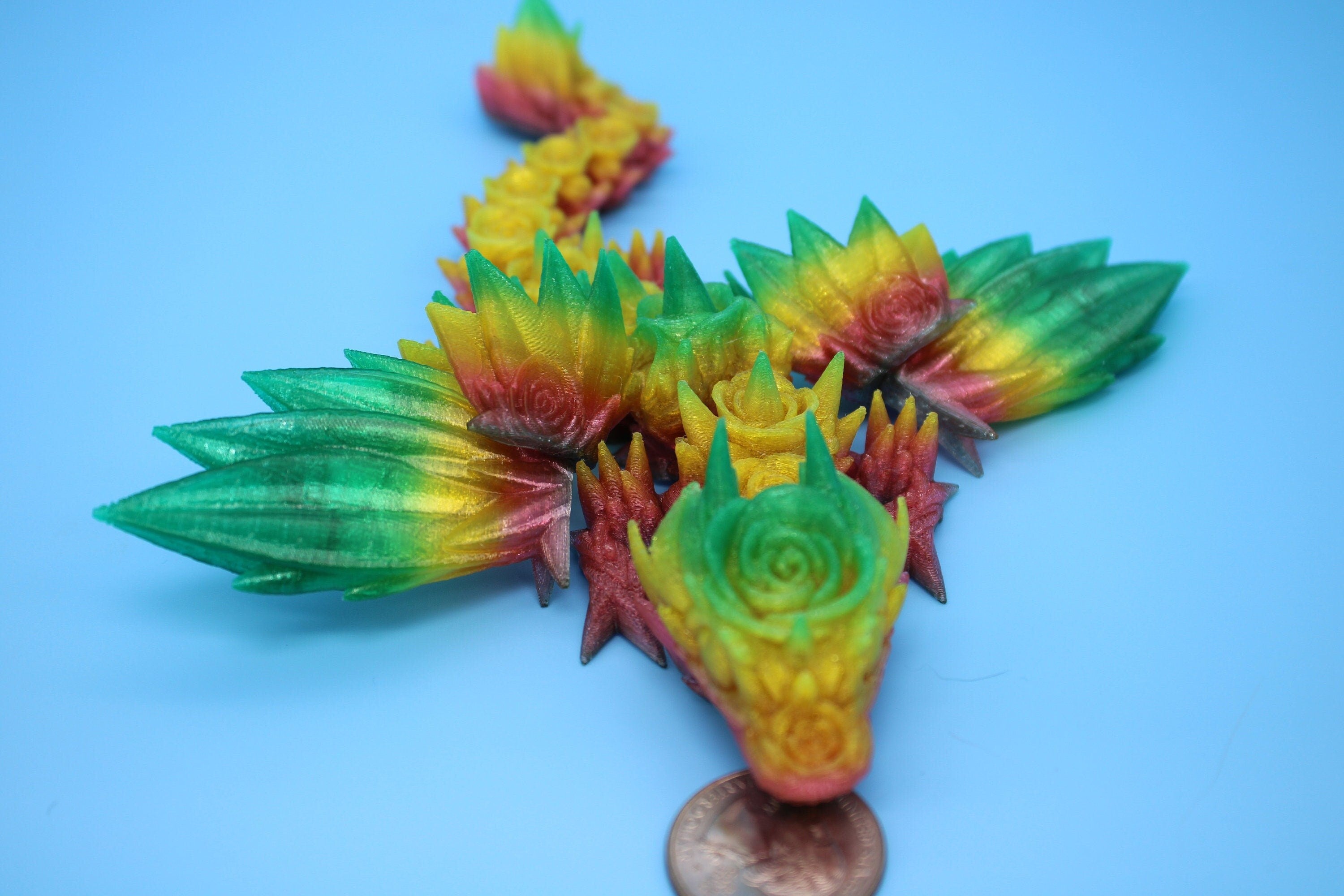 Flexible Miniature Baby Rose Wing Dragon | Rainbow | 3D printed articulating Toy Fidget | Flexi Toy 8.5 in. head to tail | Stress Relief.