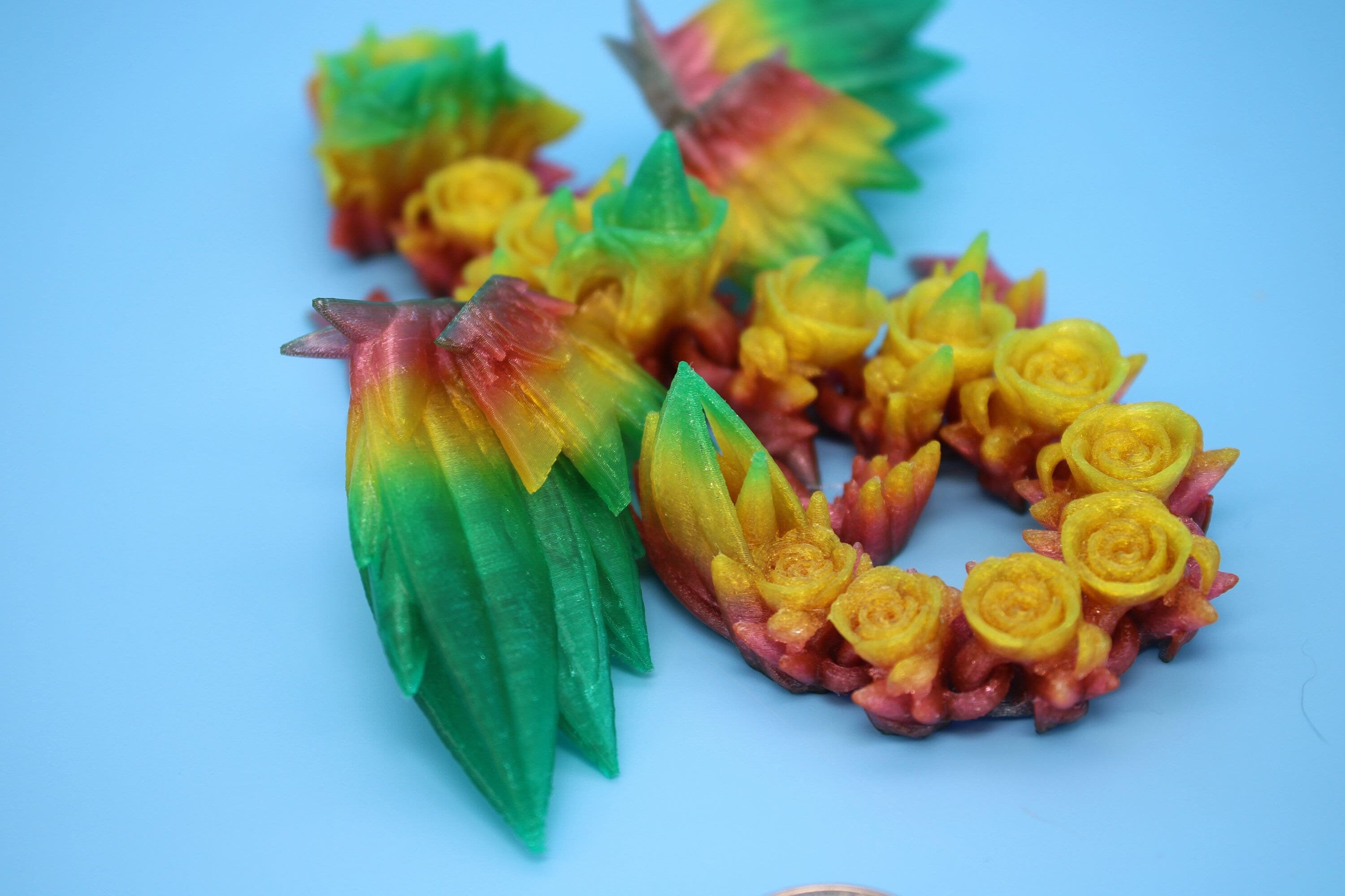 Flexible Miniature Baby Rose Wing Dragon | Rainbow | 3D printed articulating Toy Fidget | Flexi Toy 8.5 in. head to tail | Stress Relief.