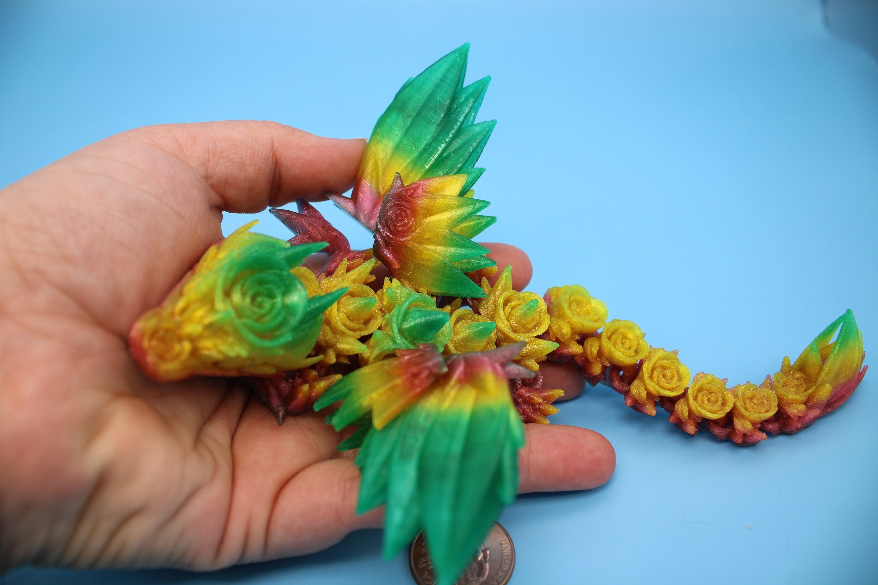 Flexible Miniature Baby Rose Wing Dragon | Rainbow | 3D printed articulating Toy Fidget | Flexi Toy 8.5 in. head to tail | Stress Relief.