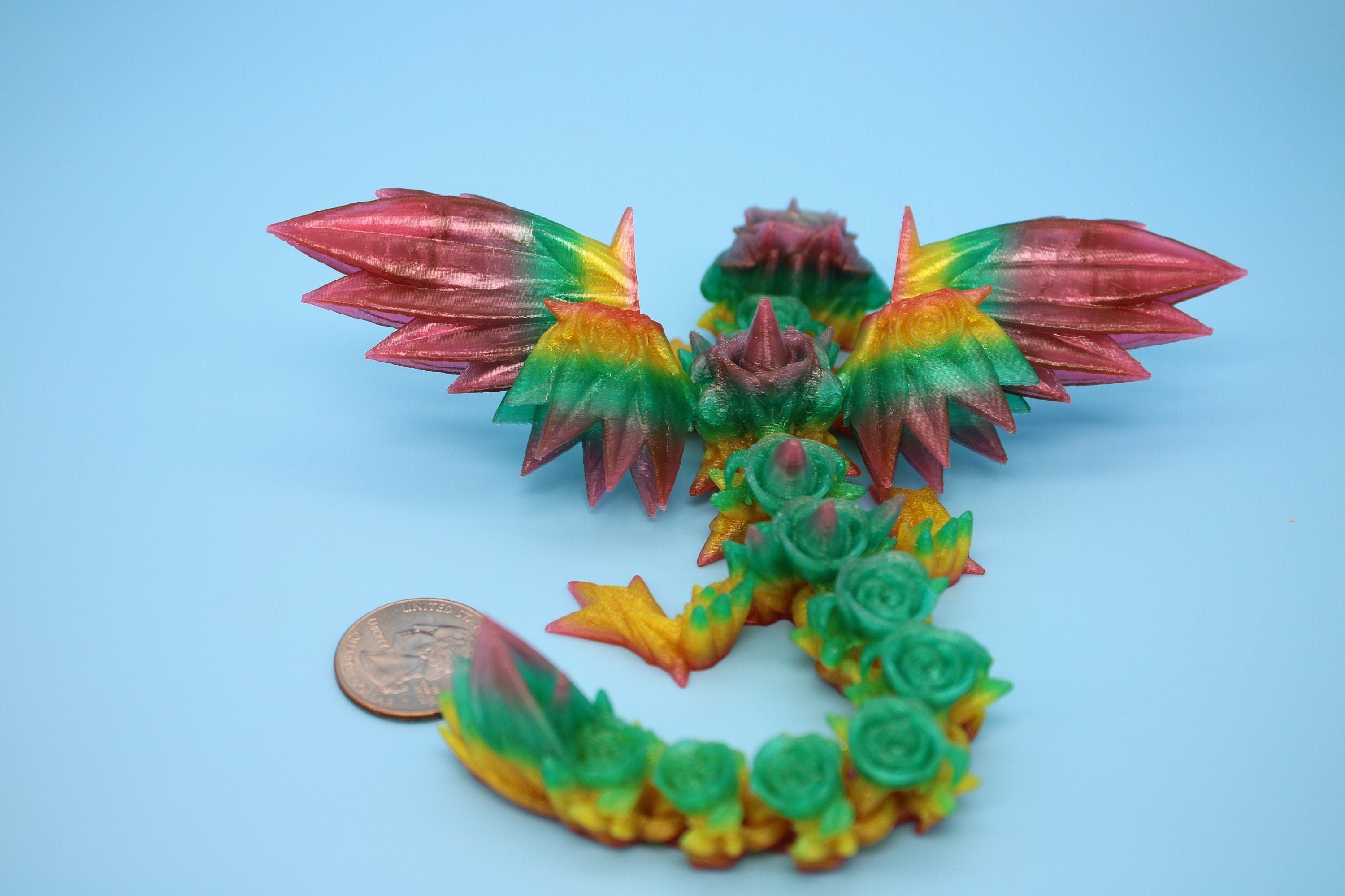 Flexible Miniature Baby Rose Wing Dragon | Rainbow | 3D printed articulating Toy Fidget | Flexi Toy 8.5 in. head to tail | Stress Relief.