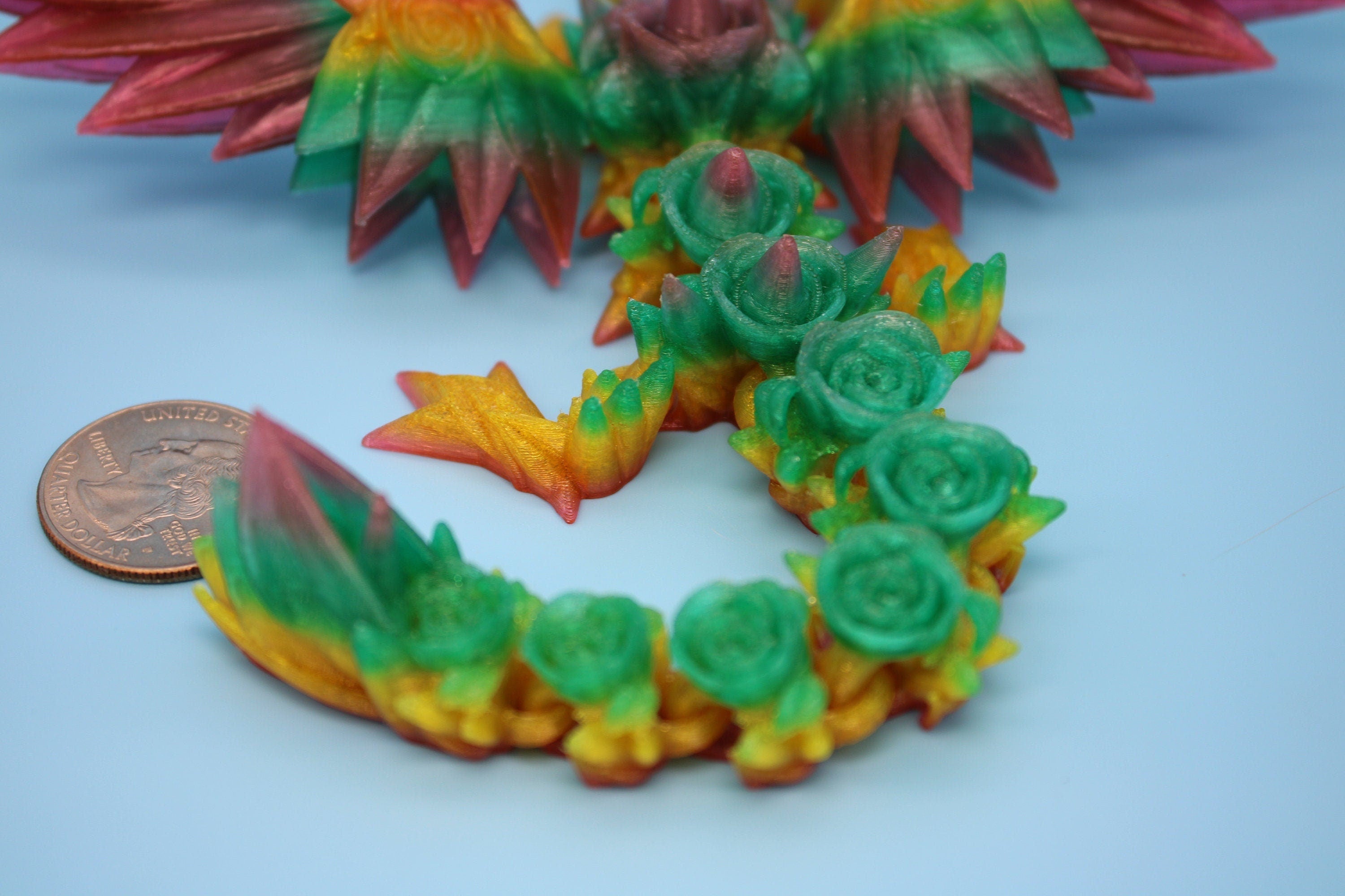 Flexible Miniature Baby Rose Wing Dragon | Rainbow | 3D printed articulating Toy Fidget | Flexi Toy 8.5 in. head to tail | Stress Relief.