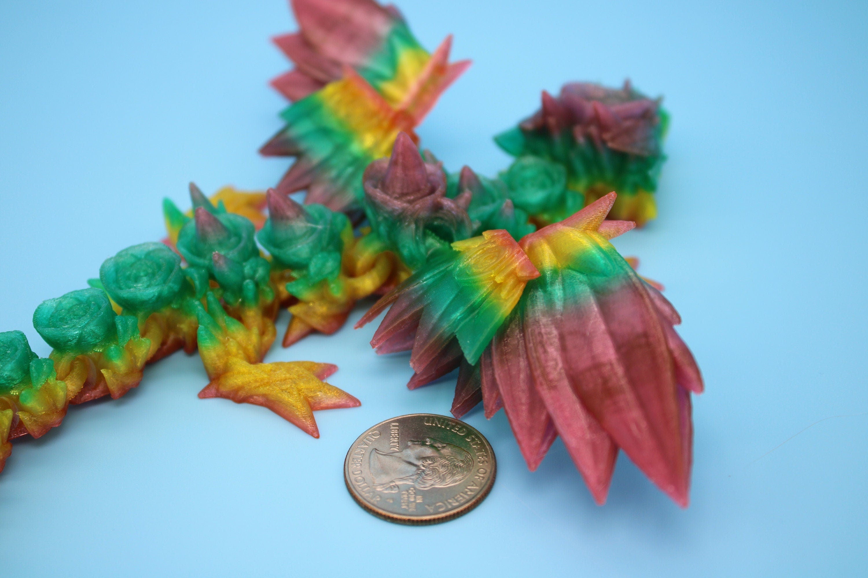 Flexible Miniature Baby Rose Wing Dragon | Rainbow | 3D printed articulating Toy Fidget | Flexi Toy 8.5 in. head to tail | Stress Relief.