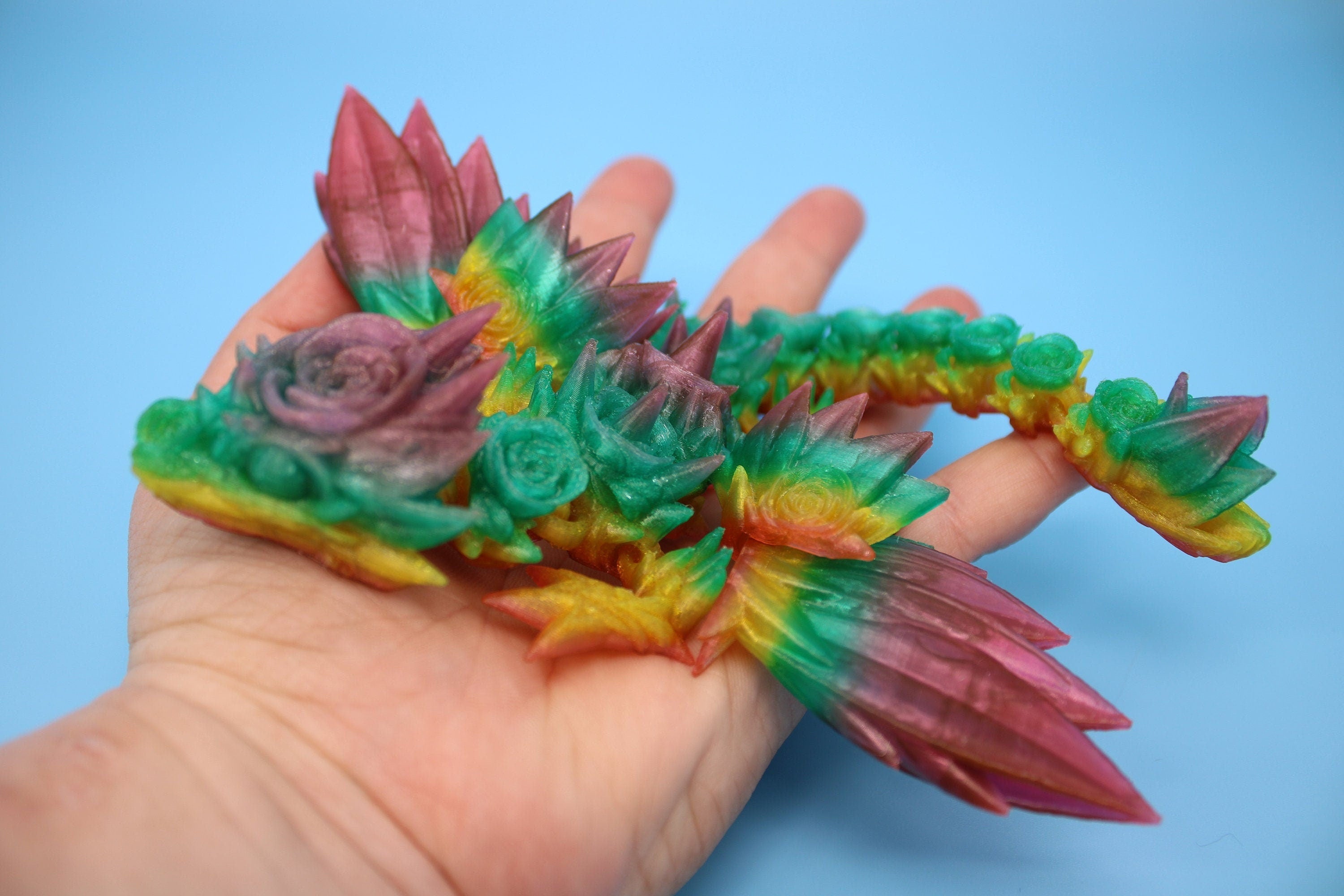 Flexible Miniature Baby Rose Wing Dragon | Rainbow | 3D printed articulating Toy Fidget | Flexi Toy 8.5 in. head to tail | Stress Relief.