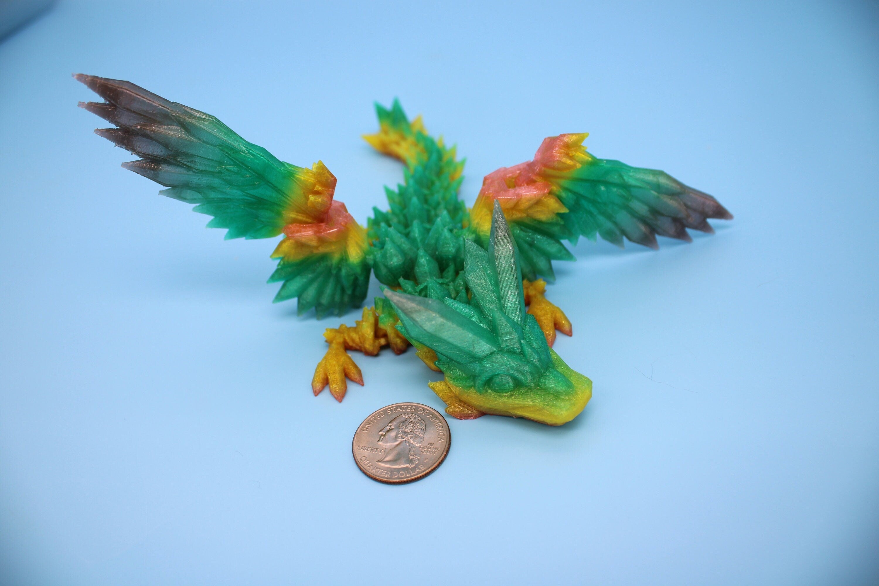 Flexible Miniature Baby Crystal Winged Dragon | Rainbow | 3D Printed Articulating Toy Fidget | Flexi Toy 7 in. head to tail | Stress Relief